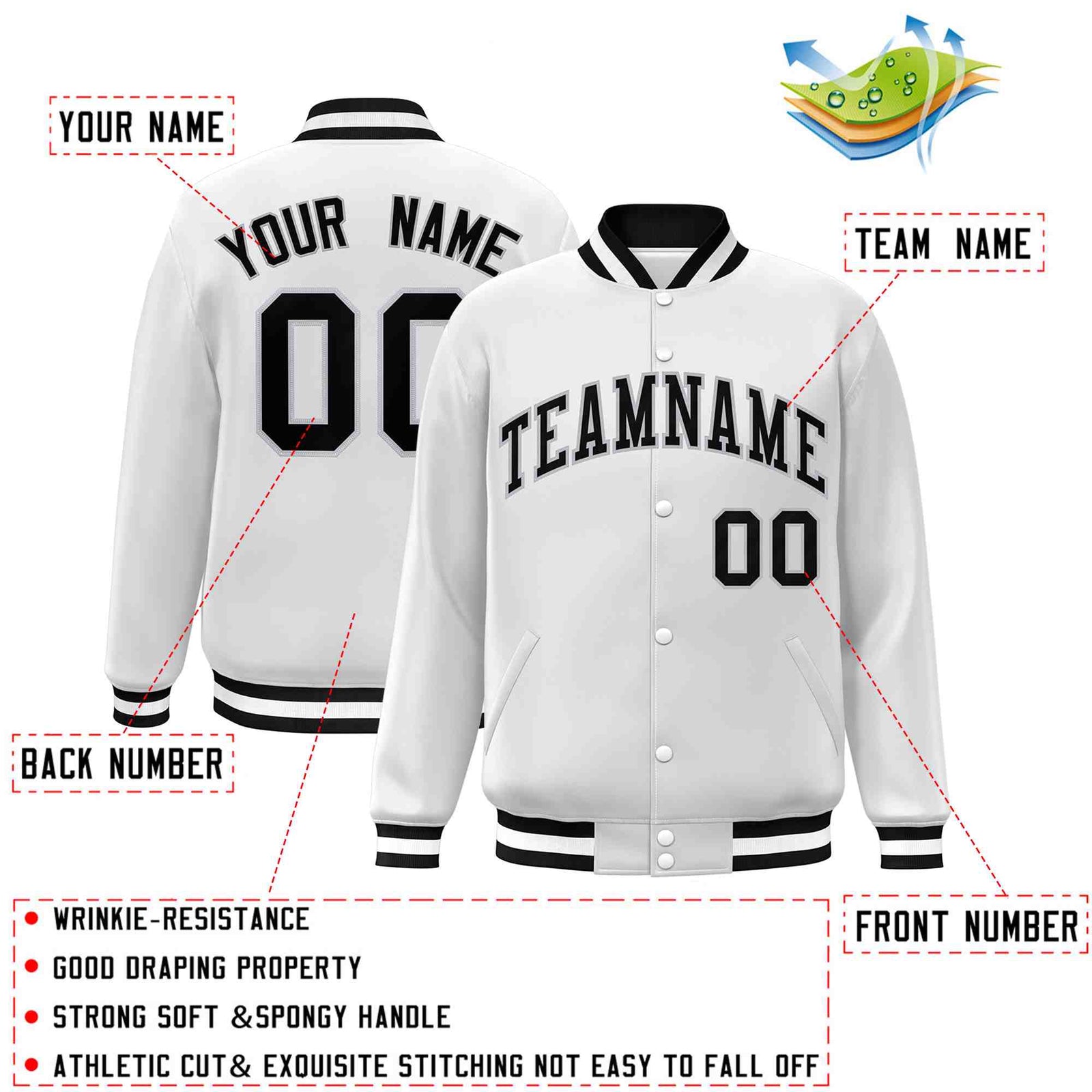 Custom White Black-Gray Classic Style Varsity Full-Snap Letterman Jacket