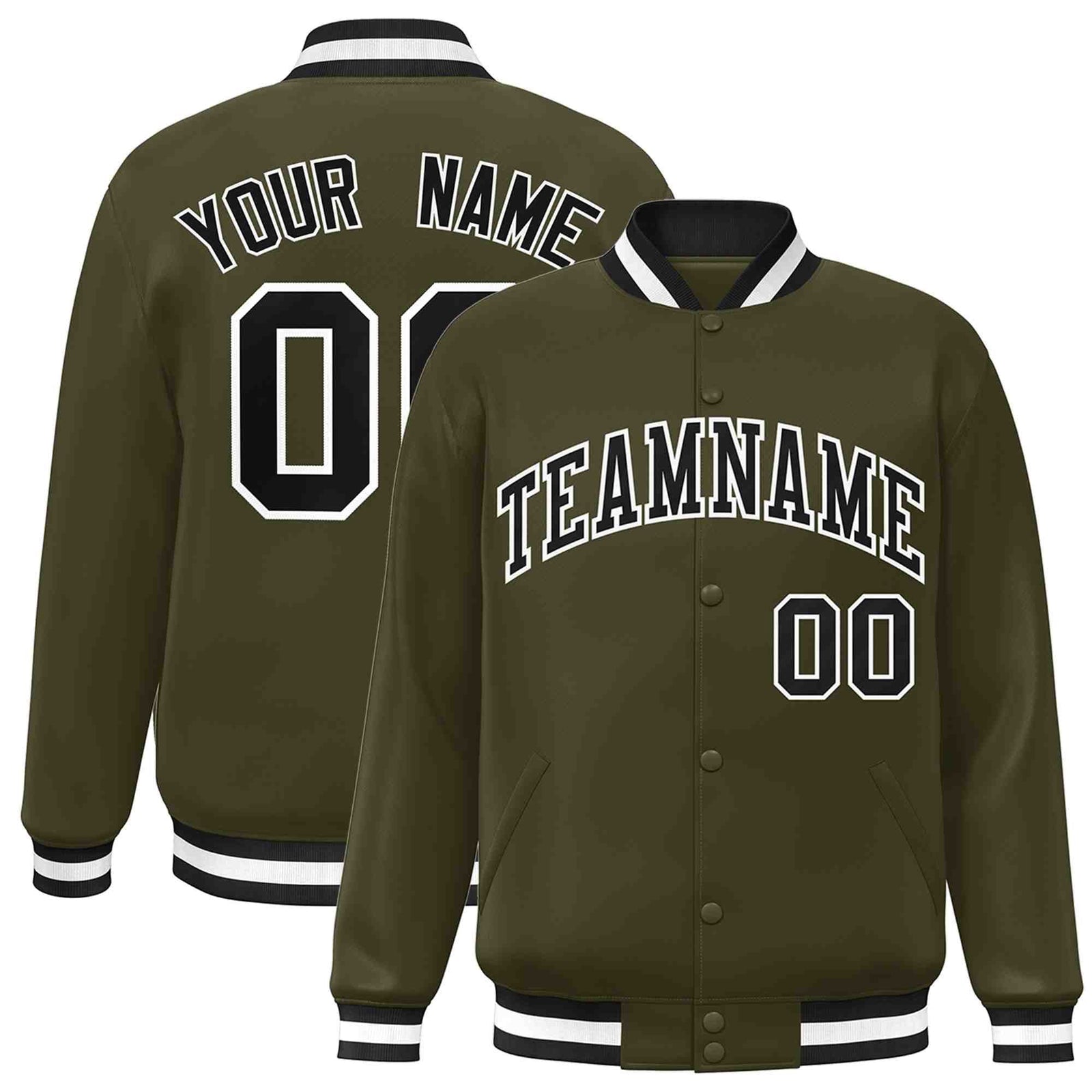 Custom Olive Black-White Classic Style Varsity Full-Snap Letterman Jacket