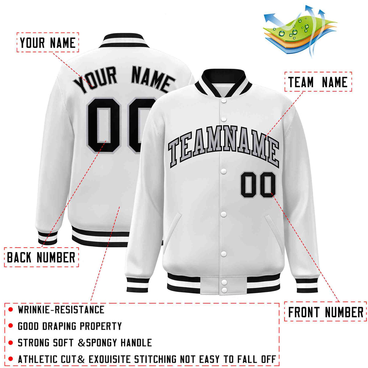 Custom White Gray-Black Classic Style Varsity Full-Snap Letterman Jacket