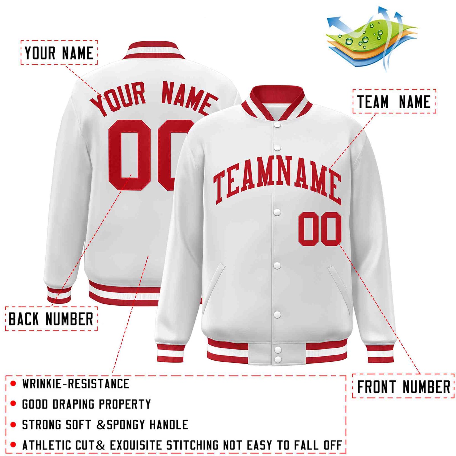 Custom White Red Classic Style Varsity Full-Snap Letterman Jacket