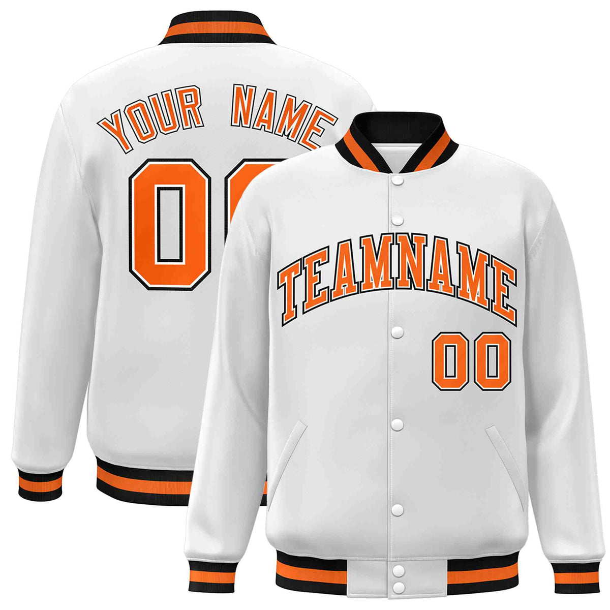 Custom White Orange-White Classic Style Varsity Full-Snap Letterman Jacket
