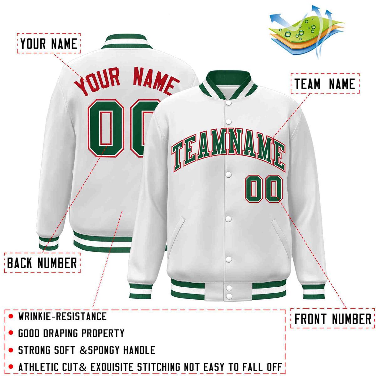 Custom White Green-White Classic Style Varsity Full-Snap Letterman Jacket
