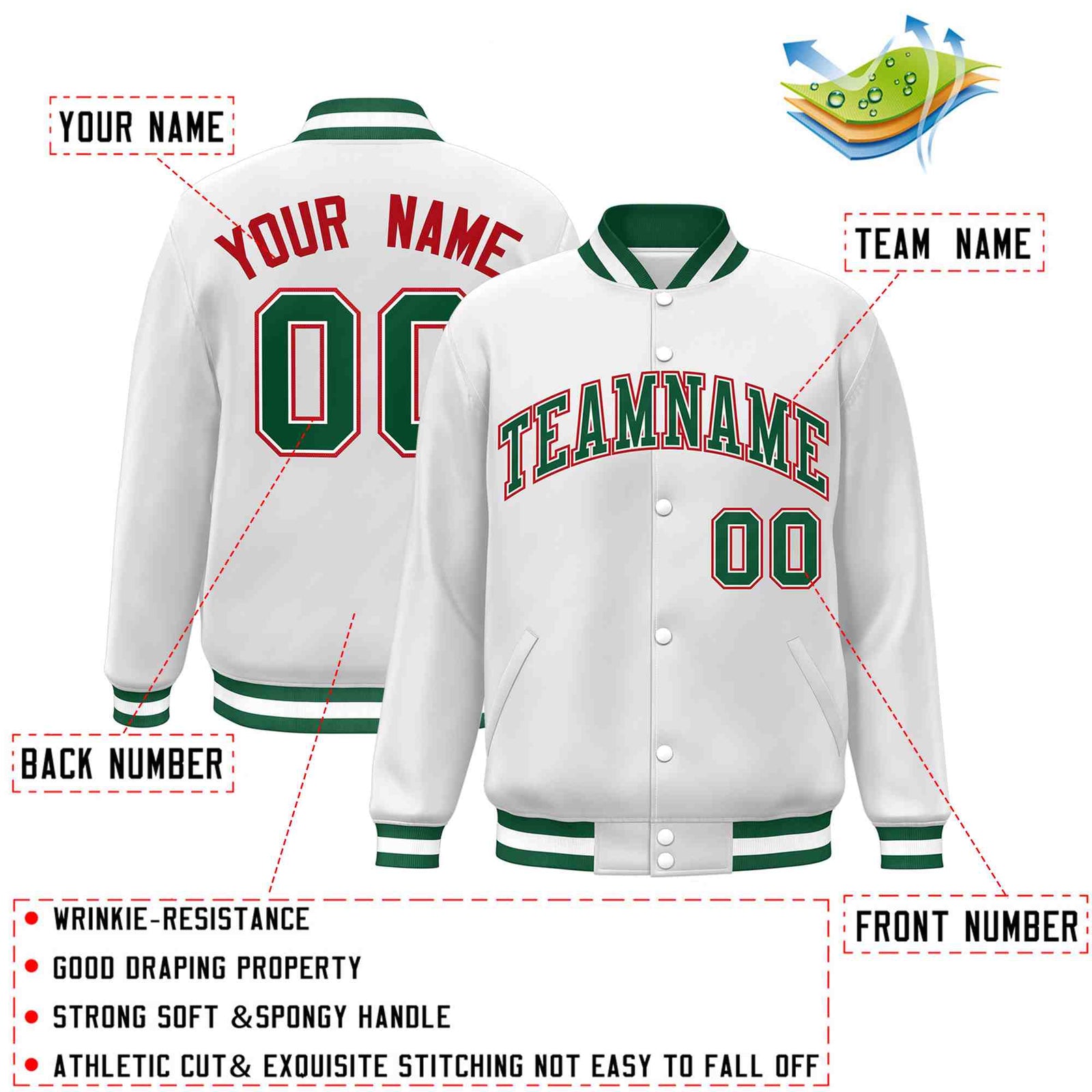 Custom White Green-White Classic Style Varsity Full-Snap Letterman Jacket