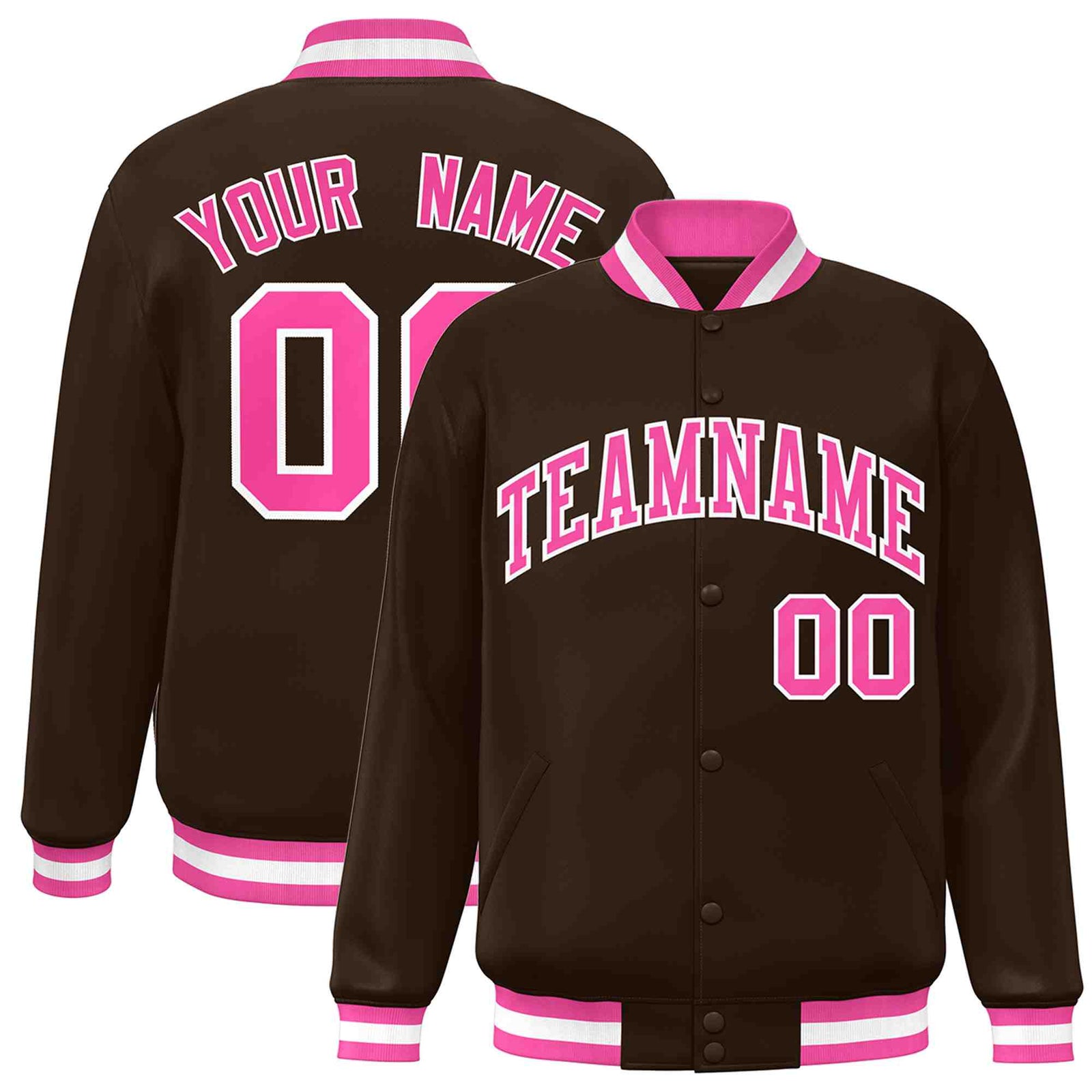 Custom Brown Pink-White Classic Style Varsity Full-Snap Letterman Jacket