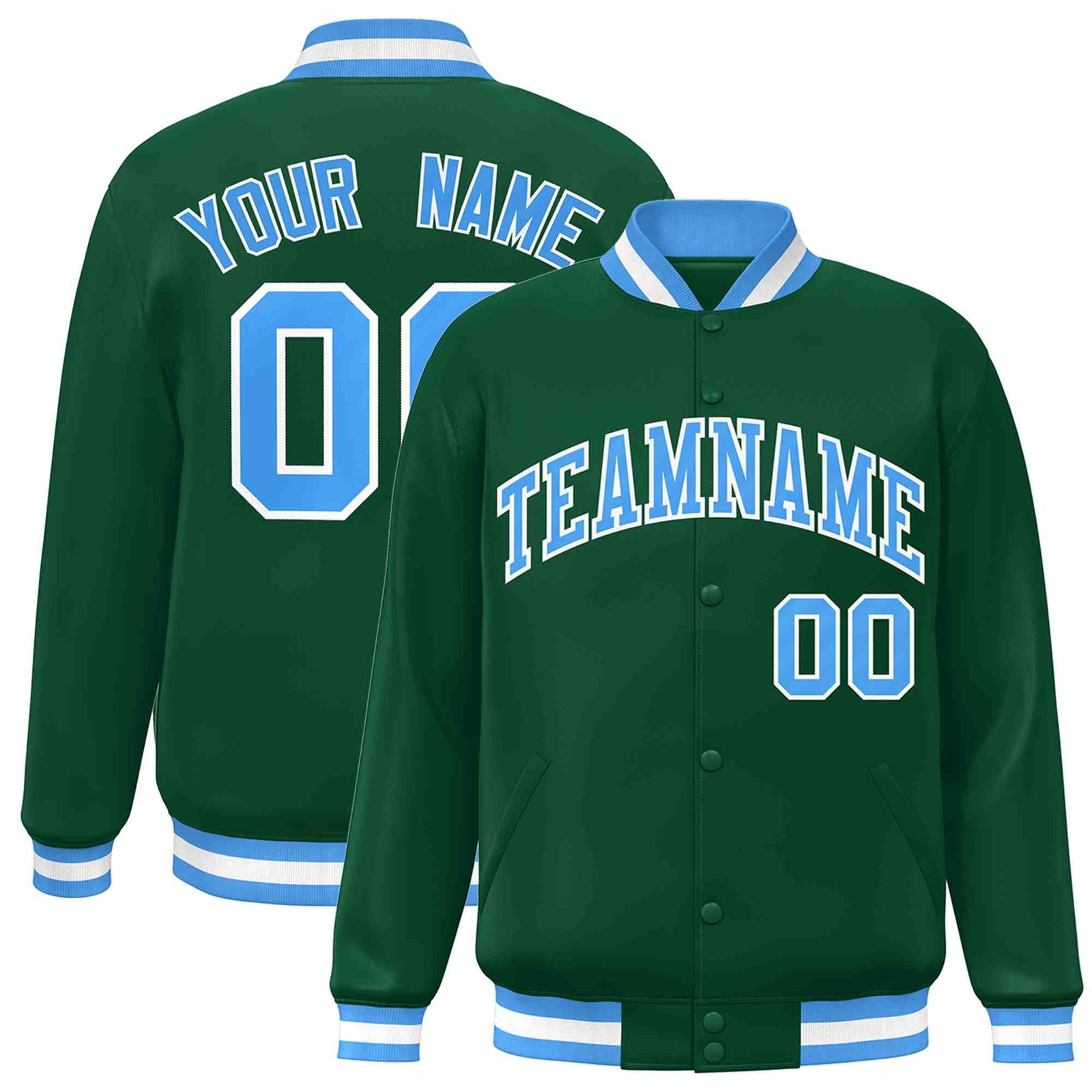 Custom Green Powder Blue-White Classic Style Varsity Full-Snap Letterman Jacket
