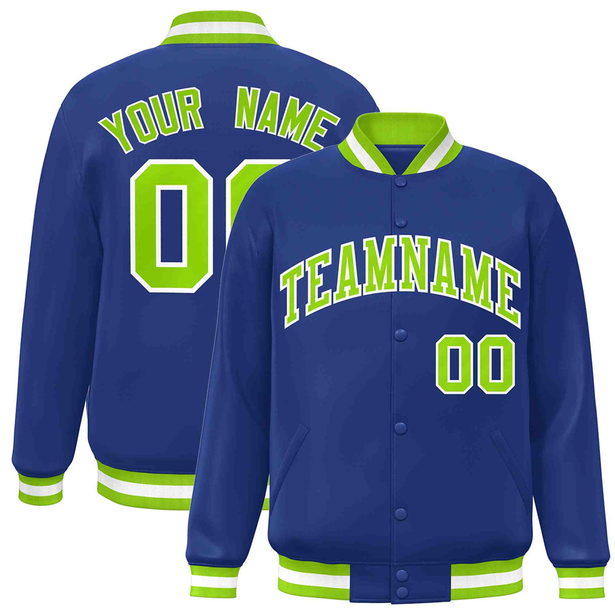 Custom Royal Neon Green-White Classic Style Varsity Full-Snap Letterman Jacket
