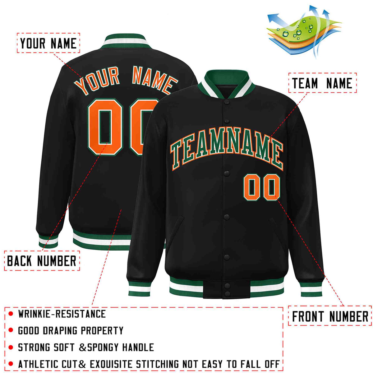 Custom Black Green-White Classic Style Varsity Full-Snap Letterman Jacket