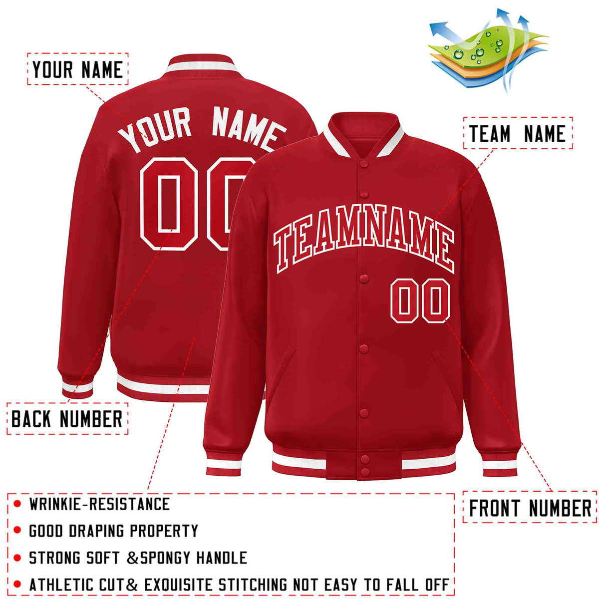Custom Red Red-White Classic Style Varsity Full-Snap Letterman Jacket