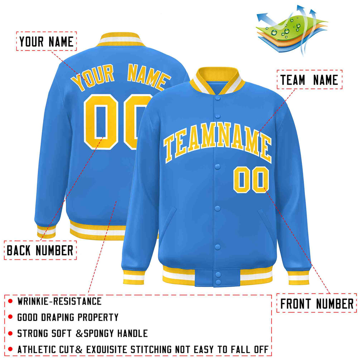 Custom Powder Blue Gold-White Classic Style Varsity Full-Snap Letterman Jacket