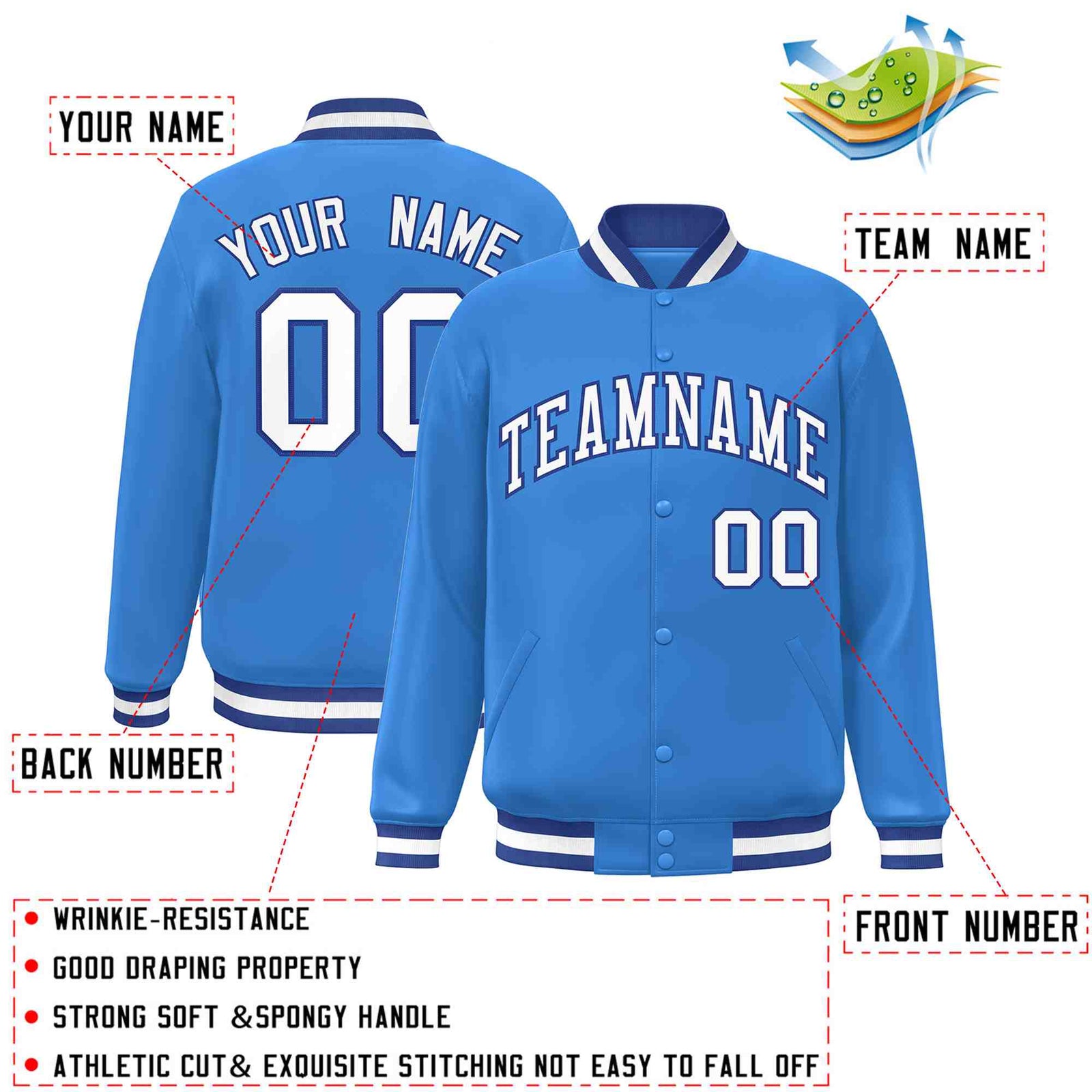 Custom Powder Blue White-Royal Classic Style Varsity Full-Snap Letterman Jacket