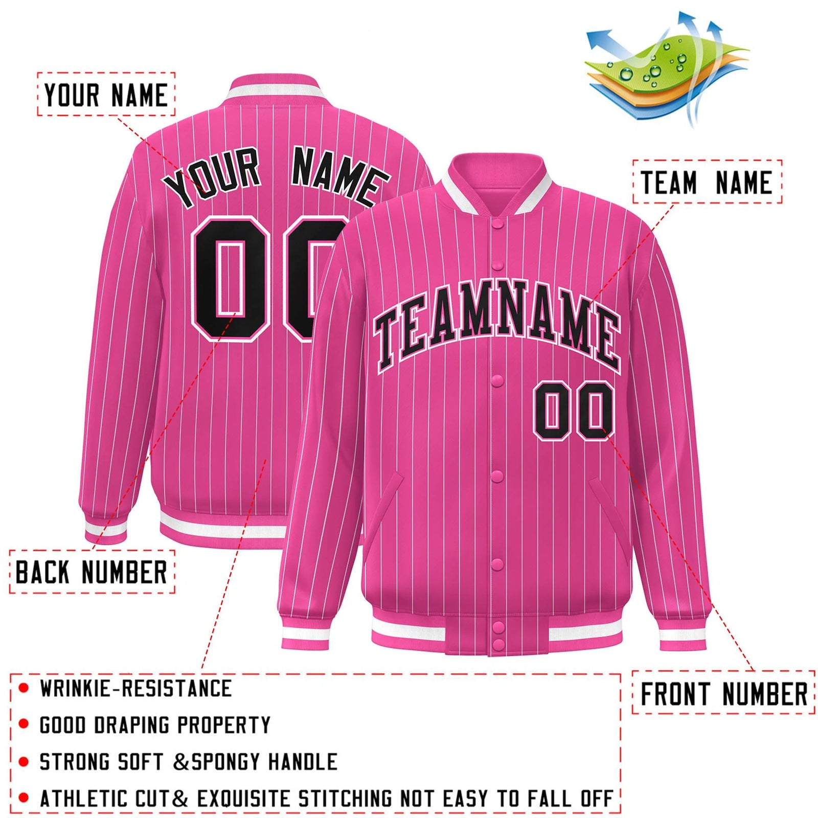 Custom Pink Black-White Stripe Fashion Letterman Bomber Varsity Jacket