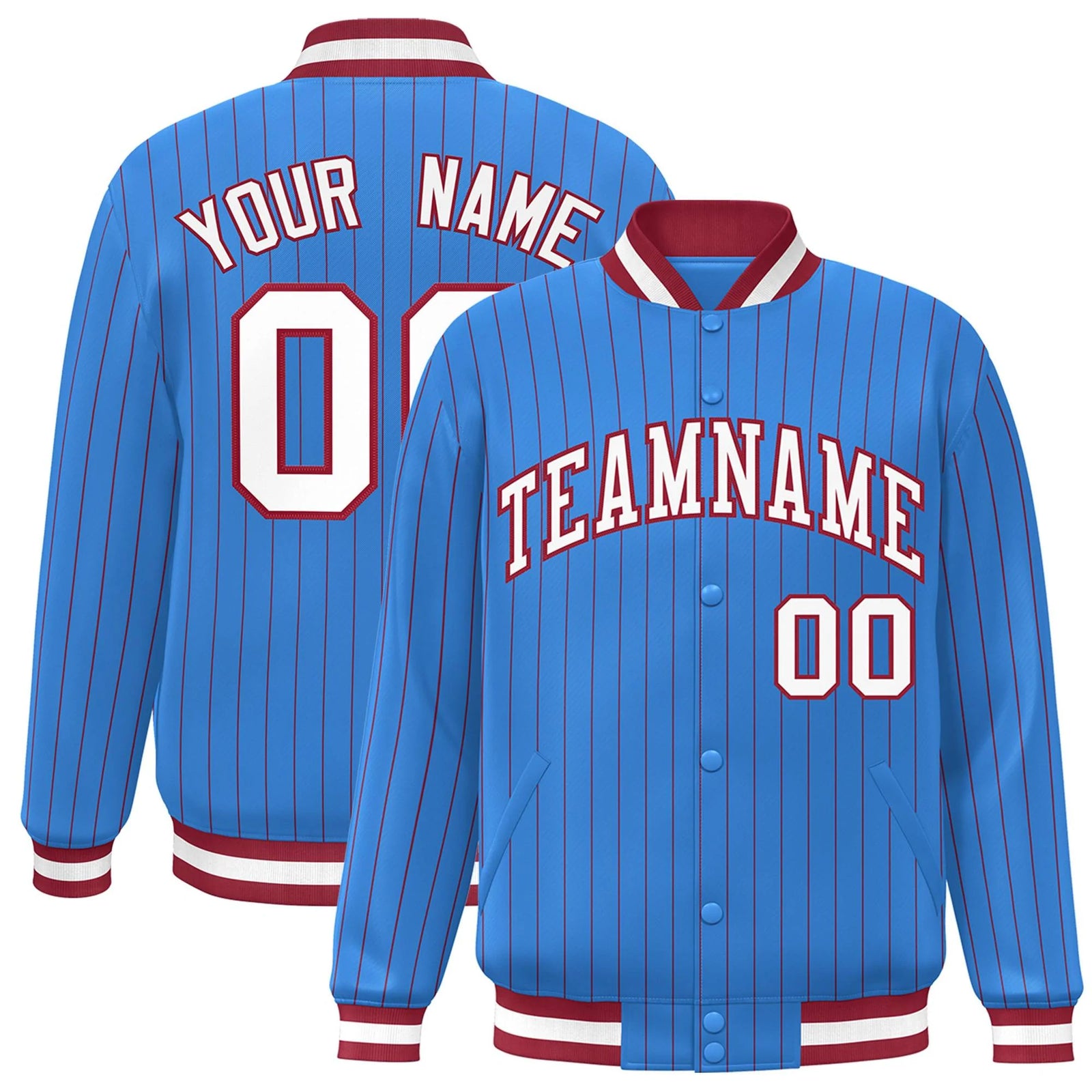 Custom Powder Blue White-Red Stripe Fashion Letterman Bomber Varsity Jacket