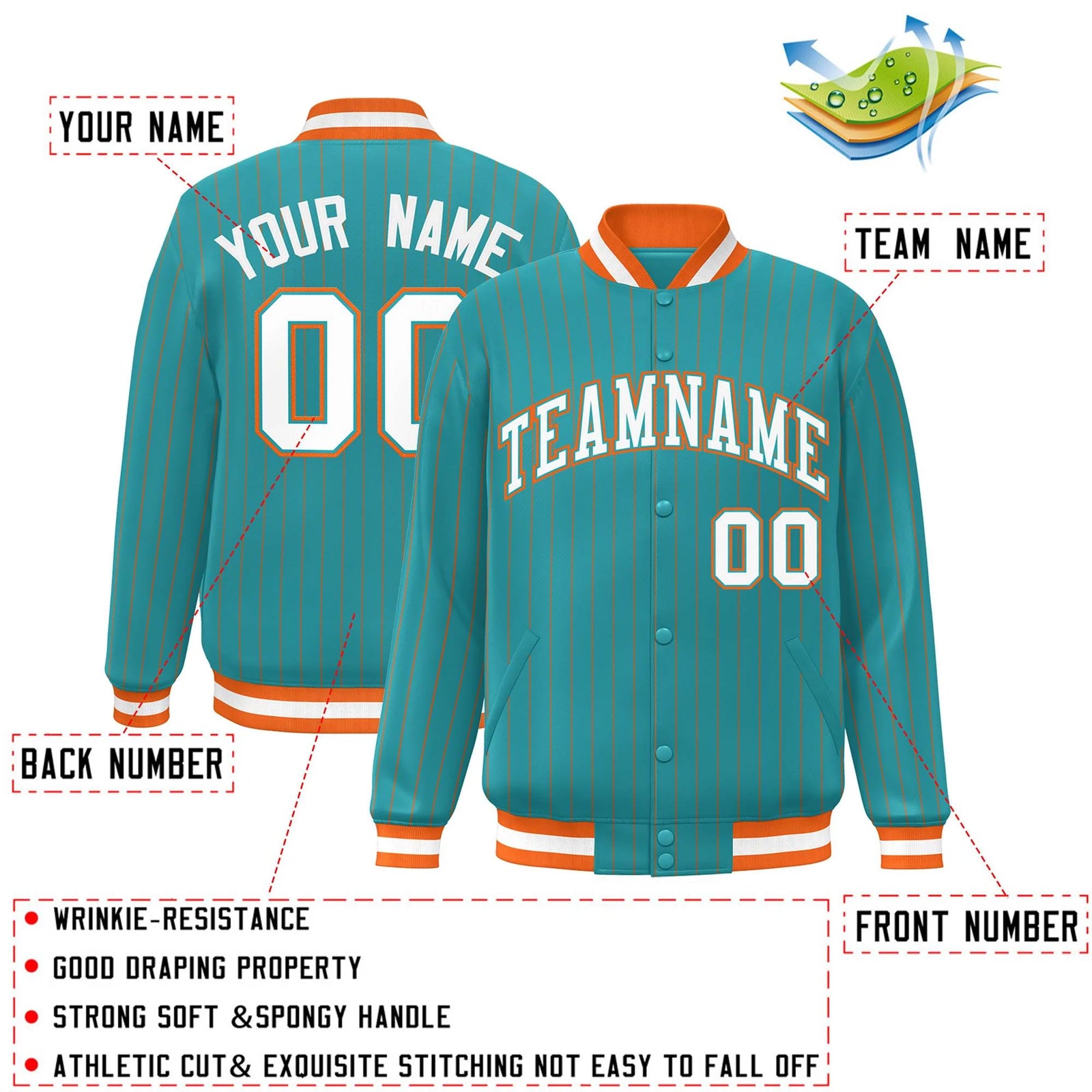 Custom Aqua White-Orange Stripe Fashion Varsity Bomber Jacket for Teams