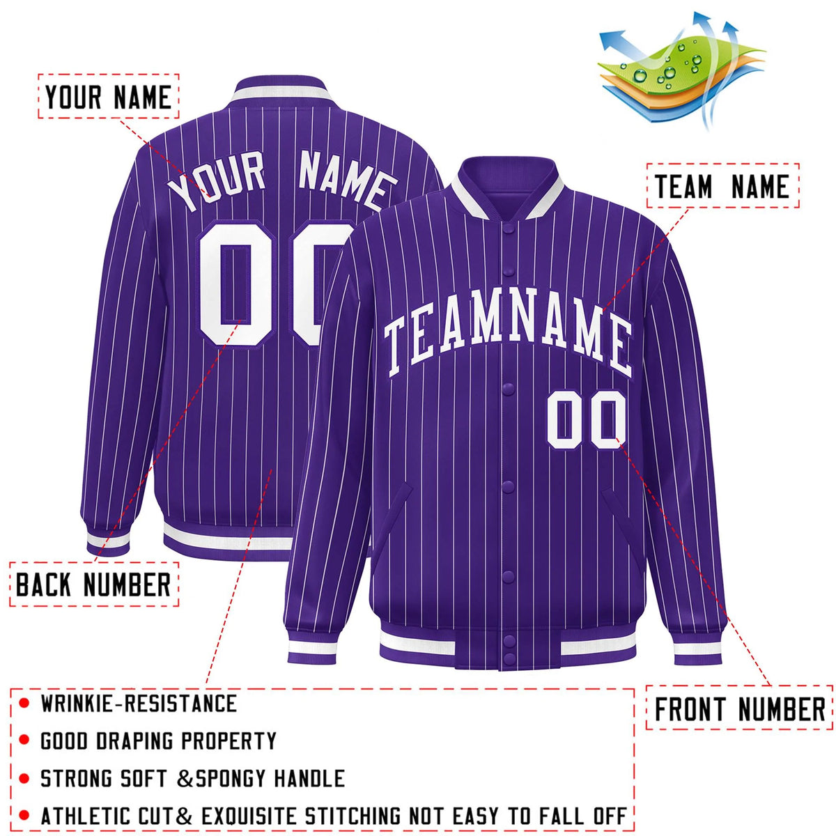 Custom Purple White-Purple Stripe Fashion Letterman Bomber Varsity Jacket