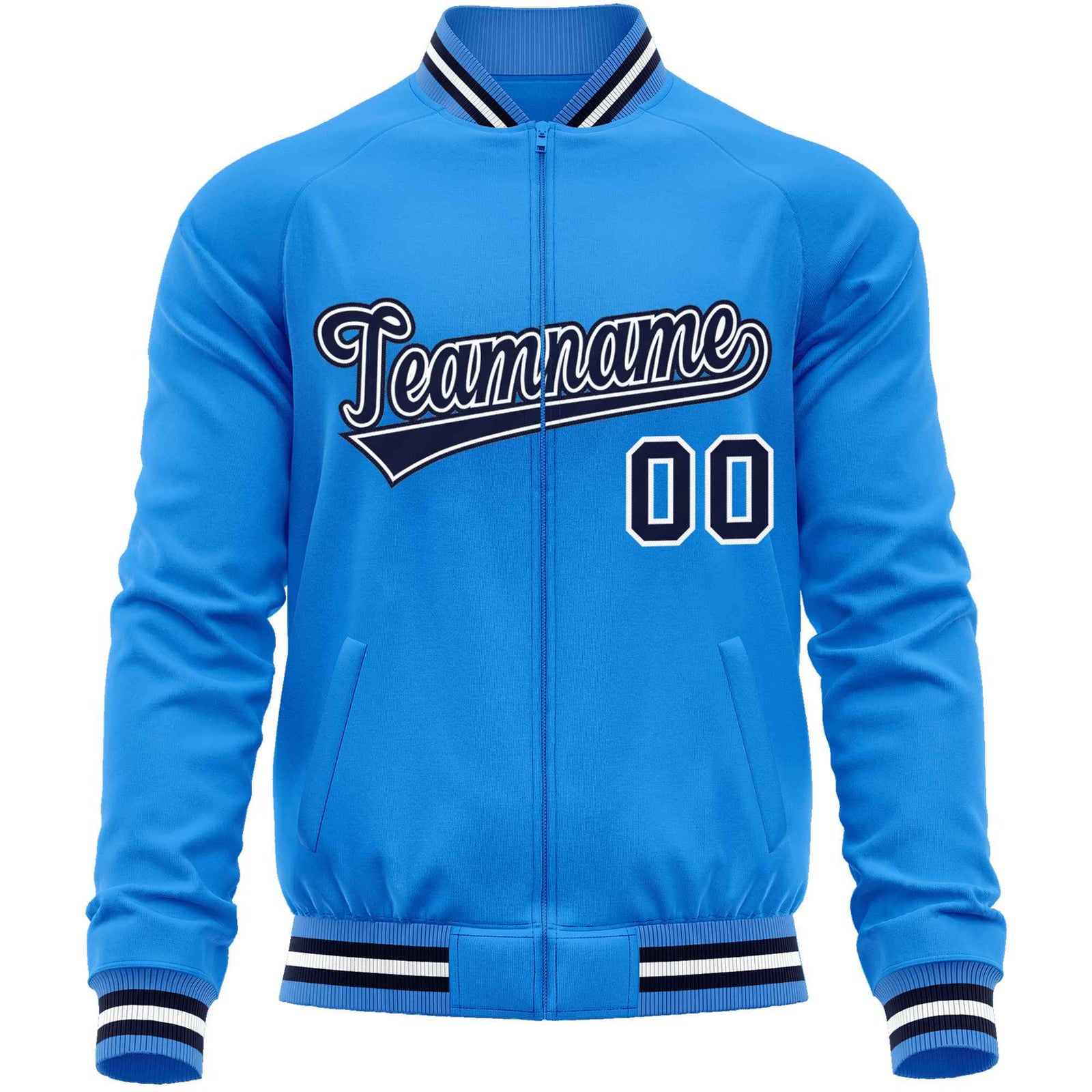 Custom Powder Blue Navy Classic Style Varsity Full-Zip Letterman Baseball Jacket