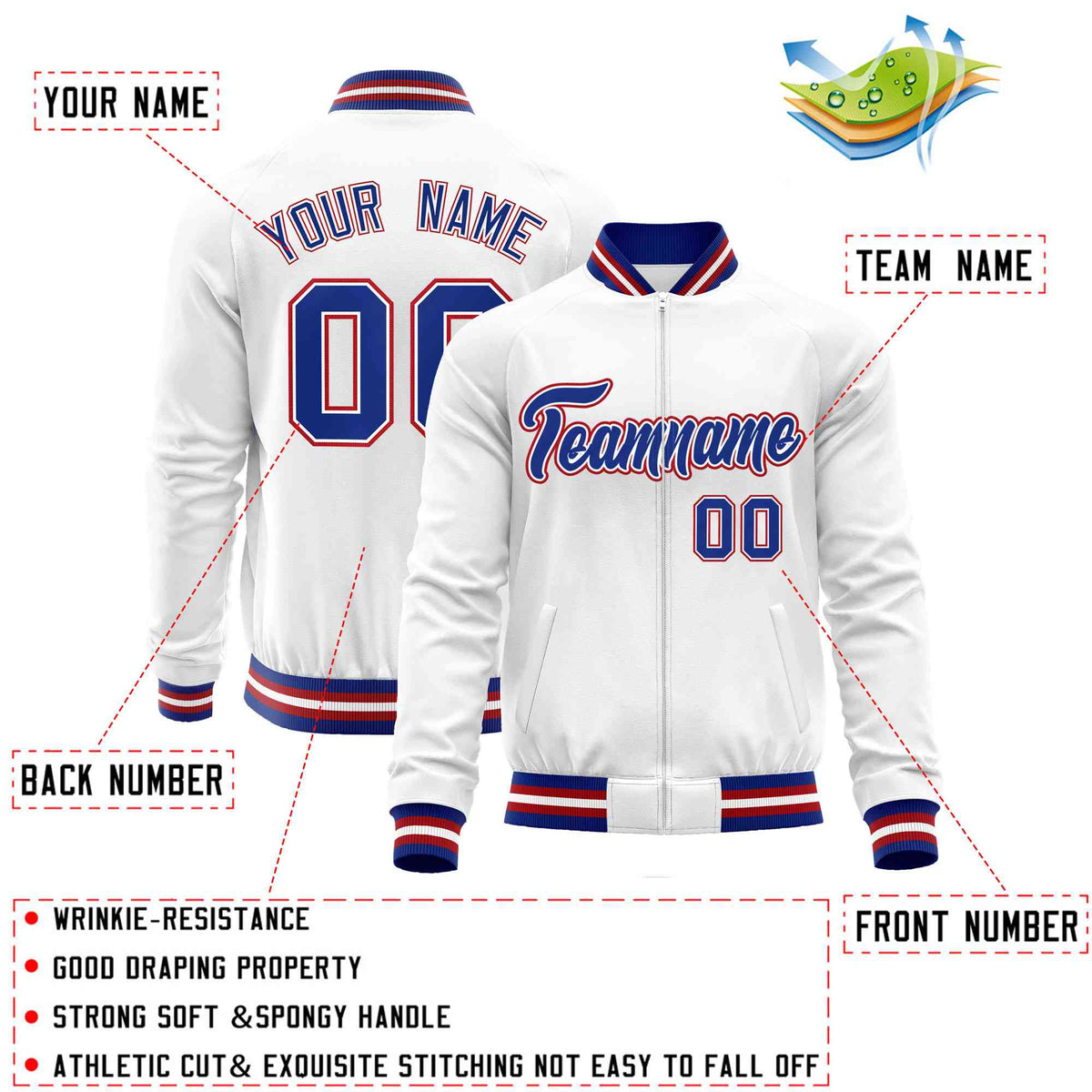 Custom White Royal Classic Style Varsity Full-Zip Letterman Baseball Jacket