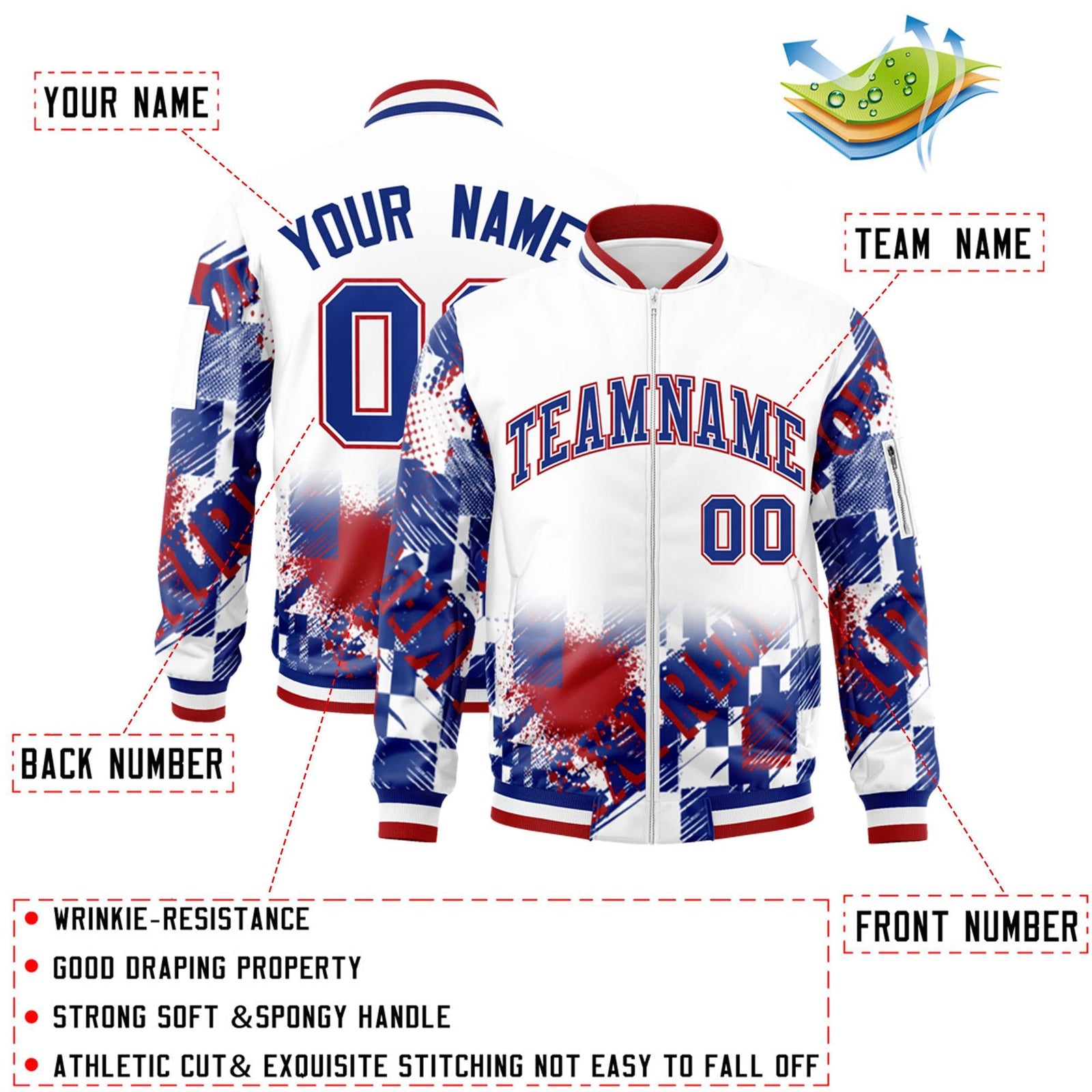 Custom White Royal-Red Varsity Full-Zip Street Graffiti Pattern Letterman Jacket