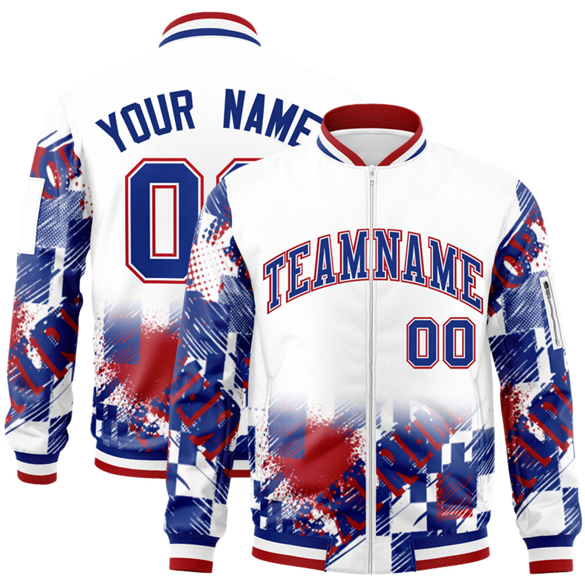 Custom White Royal-Red Varsity Full-Zip Street Graffiti Pattern Letterman Jacket