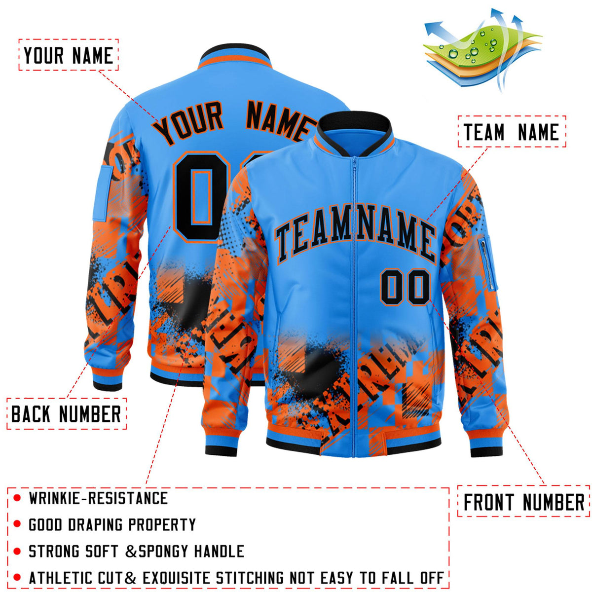 Custom Powder Blue Black-Orange Varsity Full-Zip Street Graffiti Pattern Letterman Jacket