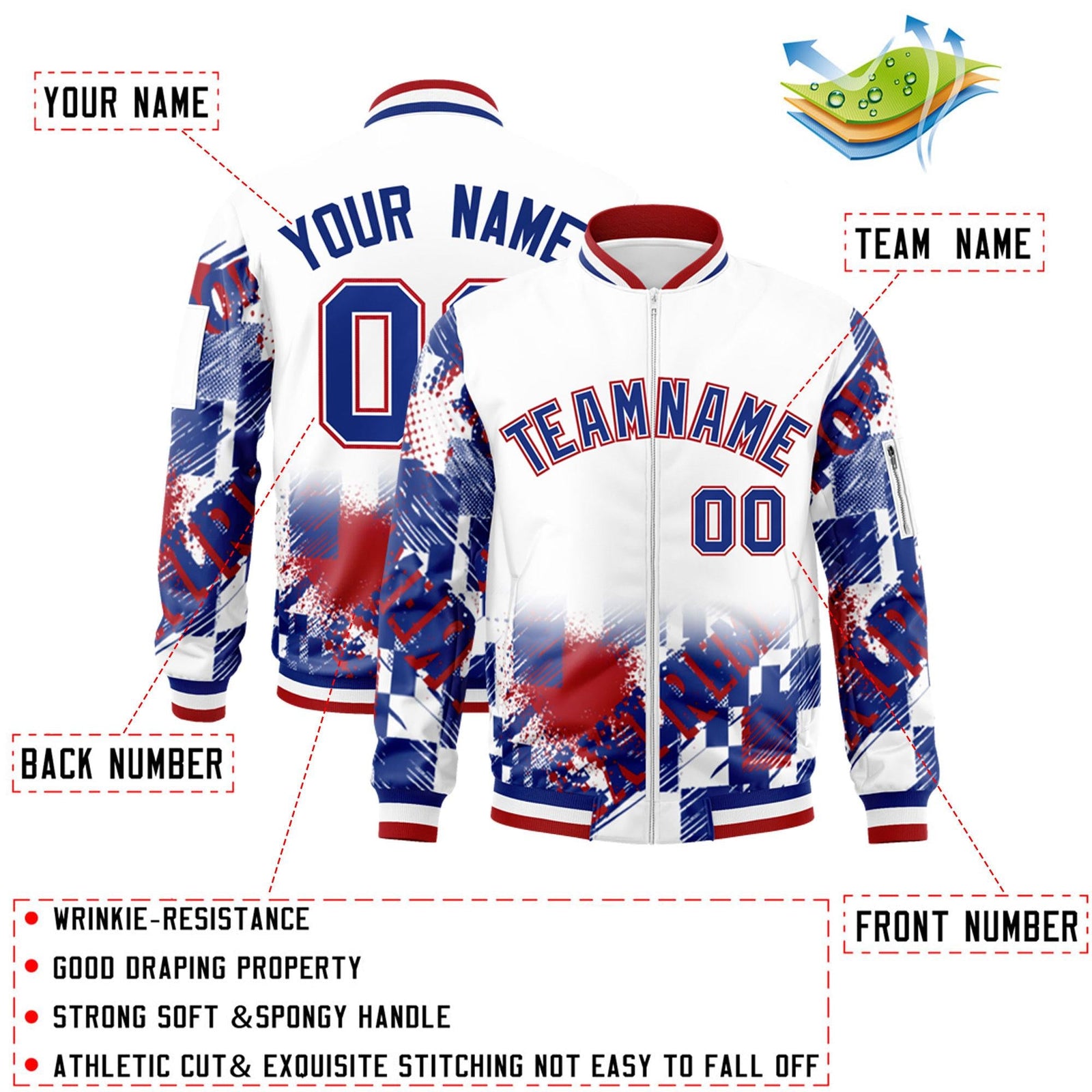 Custom White Royal-Red Varsity Full-Zip Street Graffiti Pattern Letterman Jacket