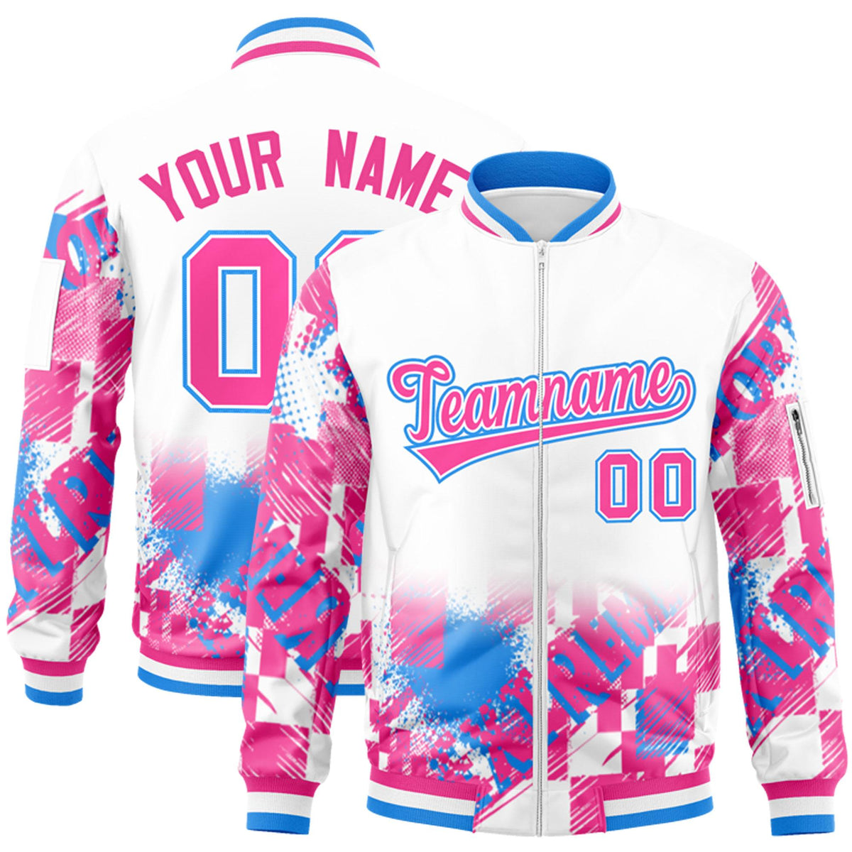 Custom White Pink-Powder Blue Varsity Full-Zip Street Graffiti Pattern Letterman Jacket