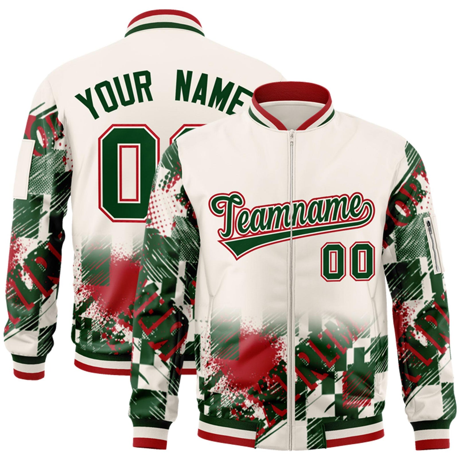 Custom Cream Green-Red Varsity Full-Zip Street Graffiti Pattern Letterman Jacket