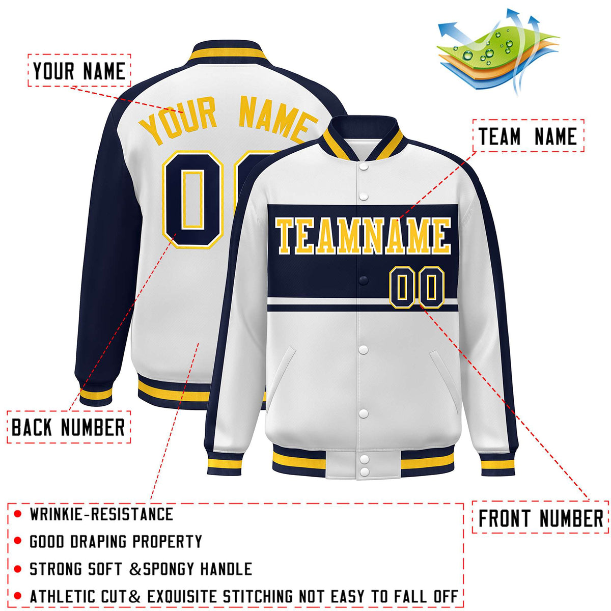Custom White Navy-Gold Color Block Bomber Varsity Baseball Jacket