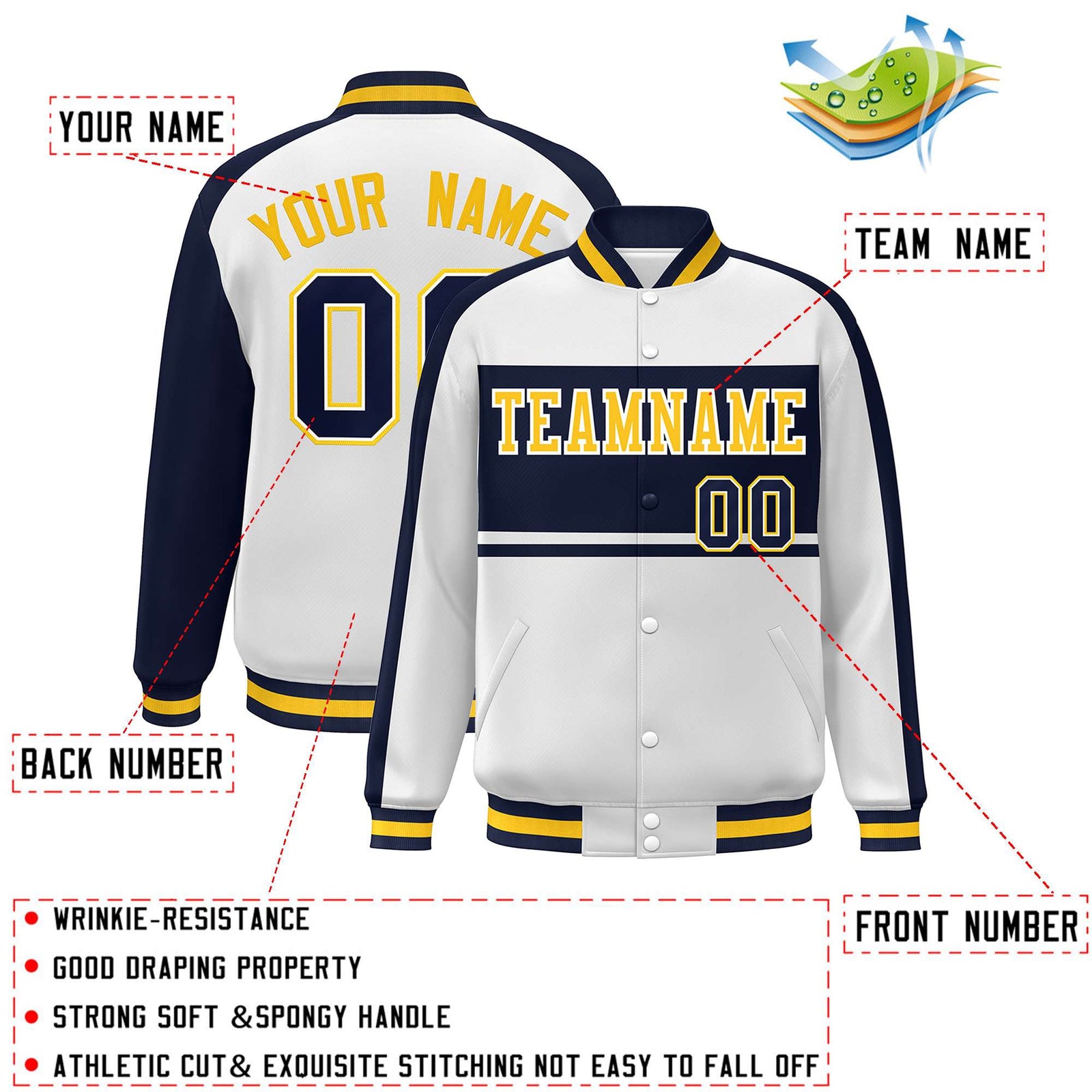Custom White Navy-Gold Color Block Bomber Varsity Baseball Jacket