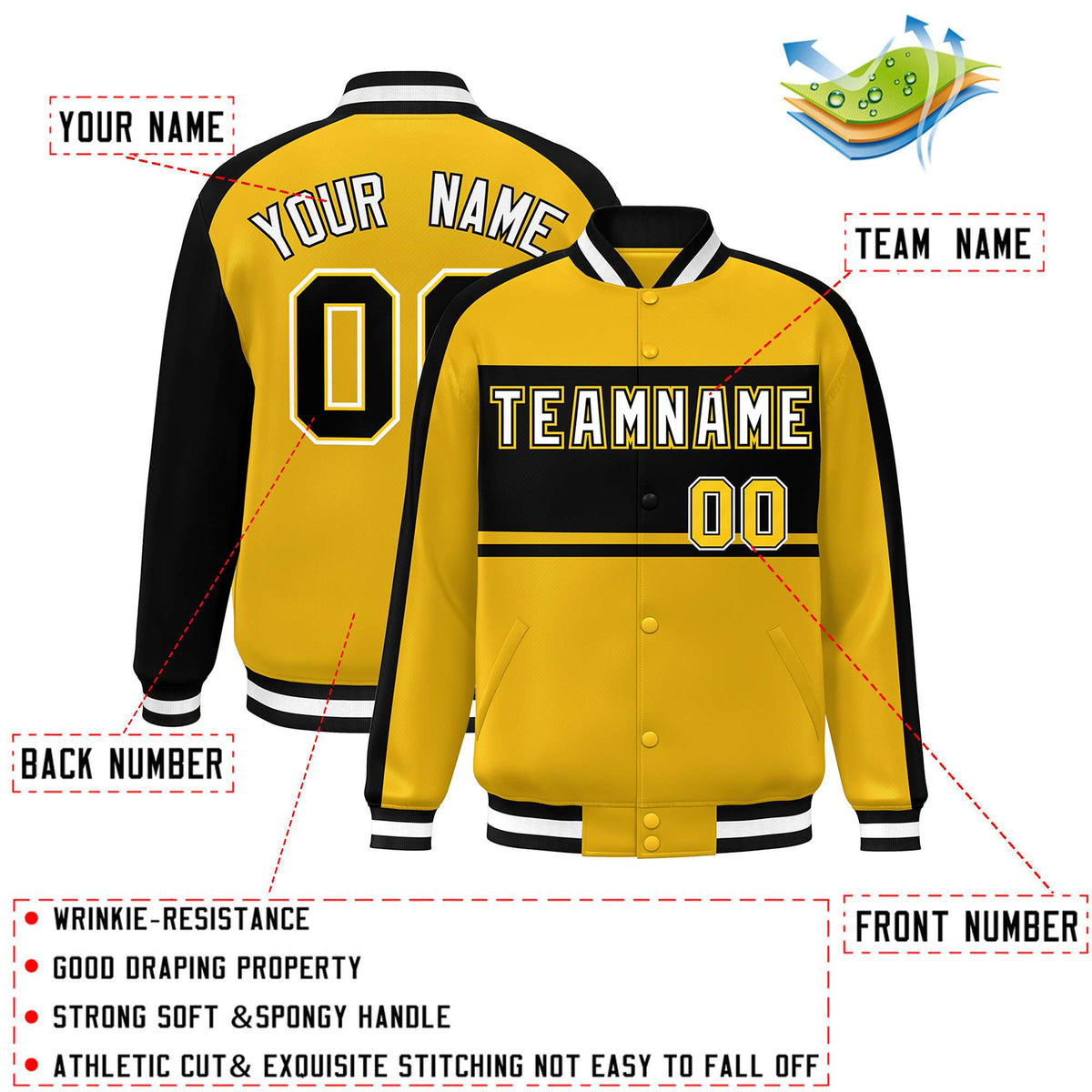 Custom Gold Black-White Color Block Bomber Varsity Baseball Jacket