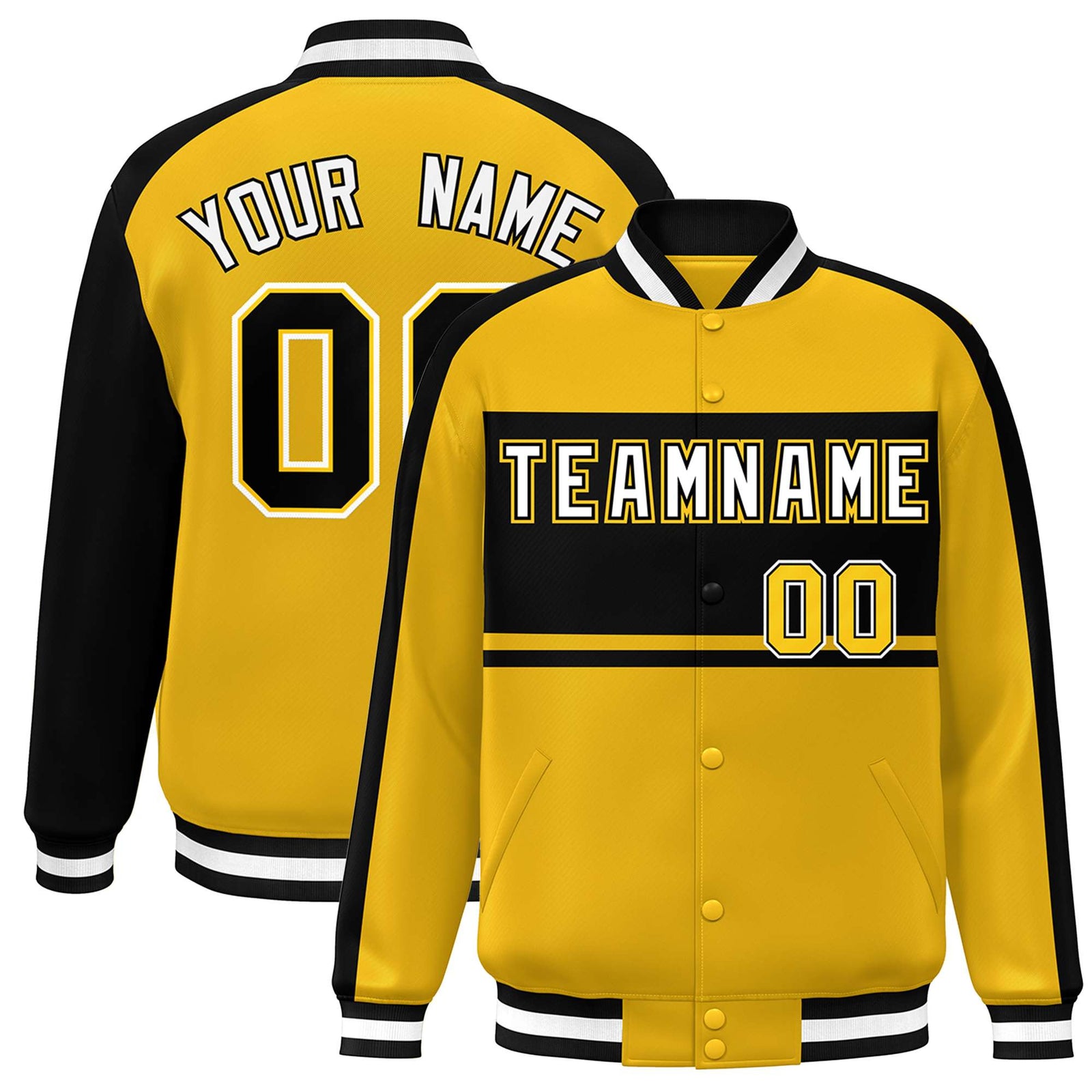 Custom Gold Black-White Color Block Bomber Varsity Baseball Jacket