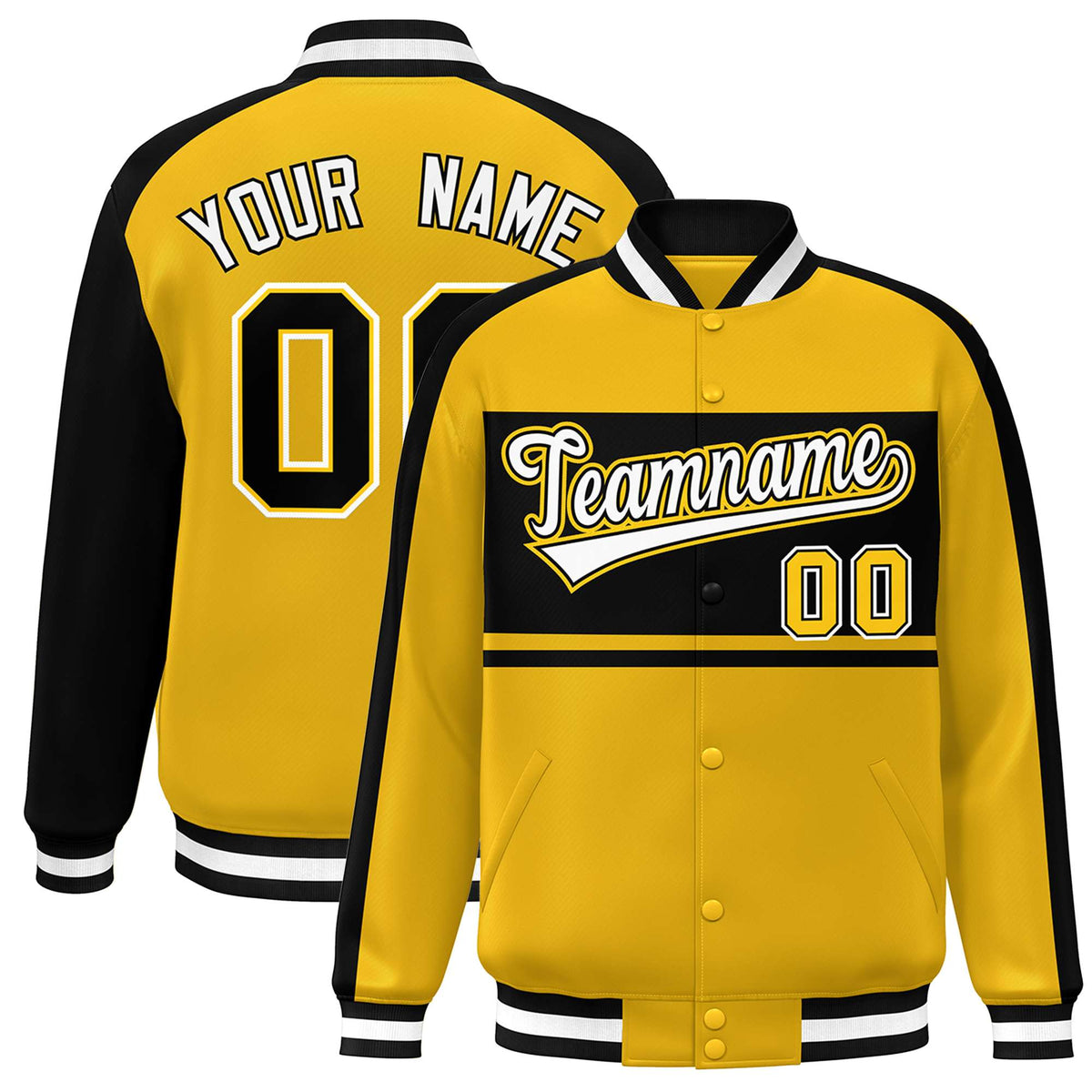 Custom Gold Black-White Color Block Bomber Varsity Baseball Jacket