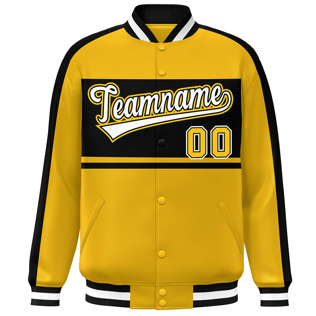 Custom Gold Black-White Color Block Bomber Varsity Baseball Jacket