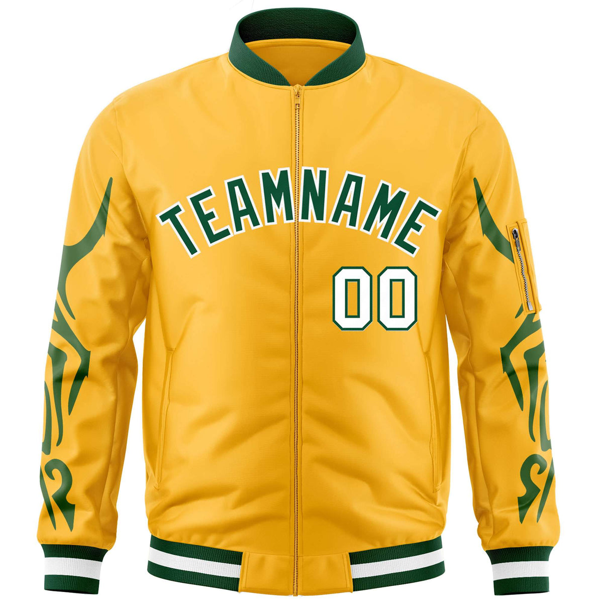 Custom Gold Green Varsity Full-Zip Dragon Head Graffiti Pattern Letterman Bomber Jacket