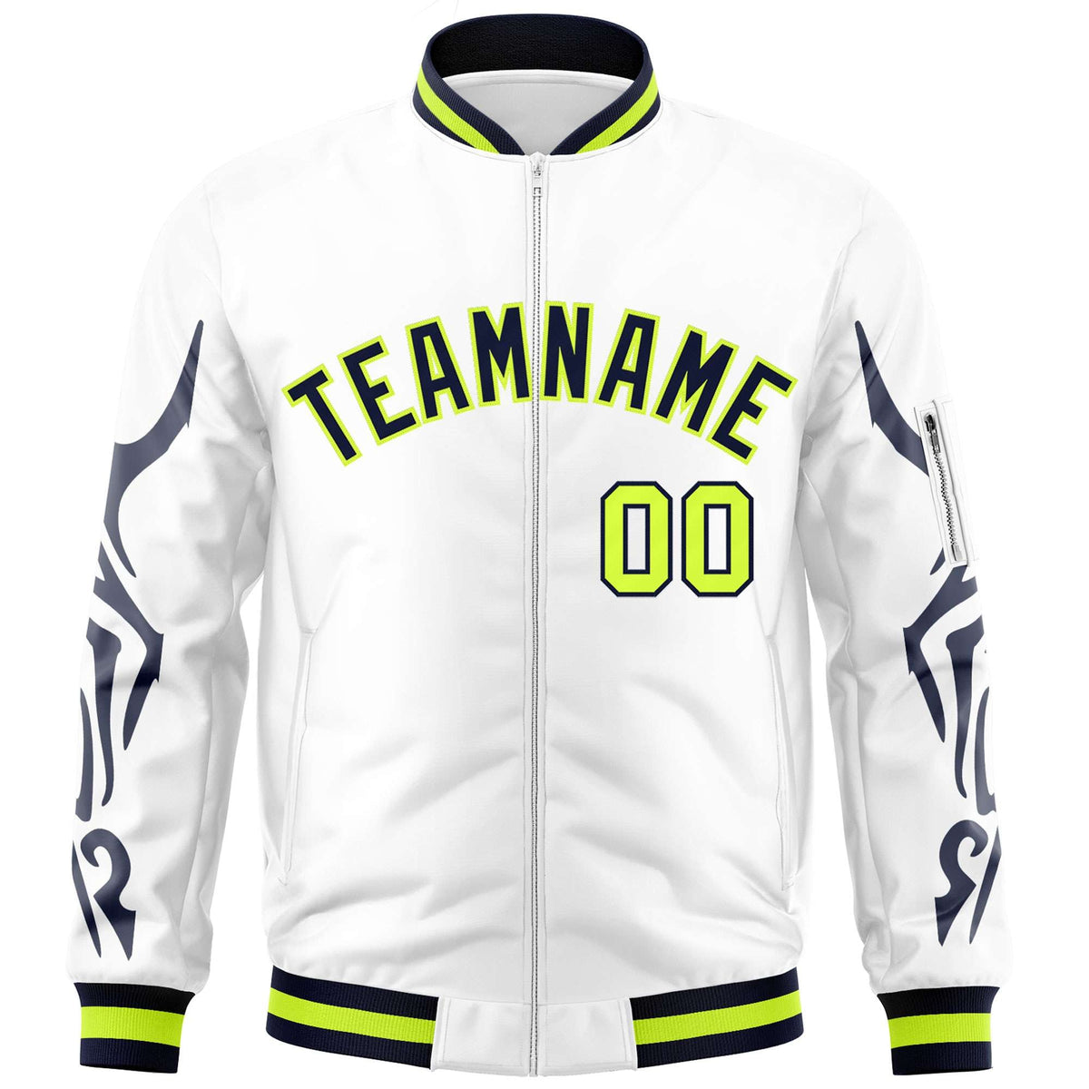 Custom White Navy Varsity Full-Zip Dragon Head Graffiti Pattern Letterman Bomber Jacket