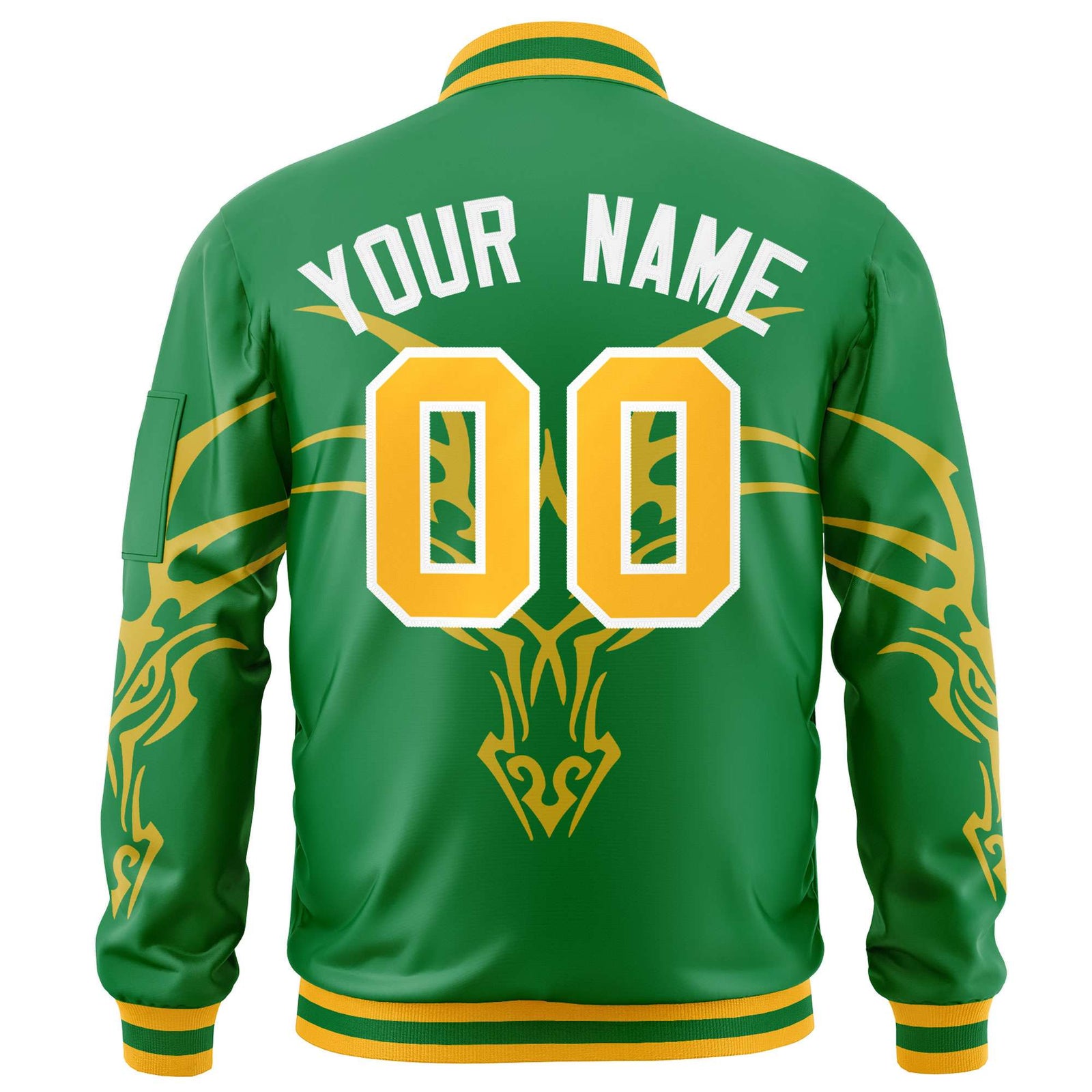 Custom Kelly Green Gold Varsity Full-Zip Dragon Head Graffiti Pattern Letterman Bomber Jacket