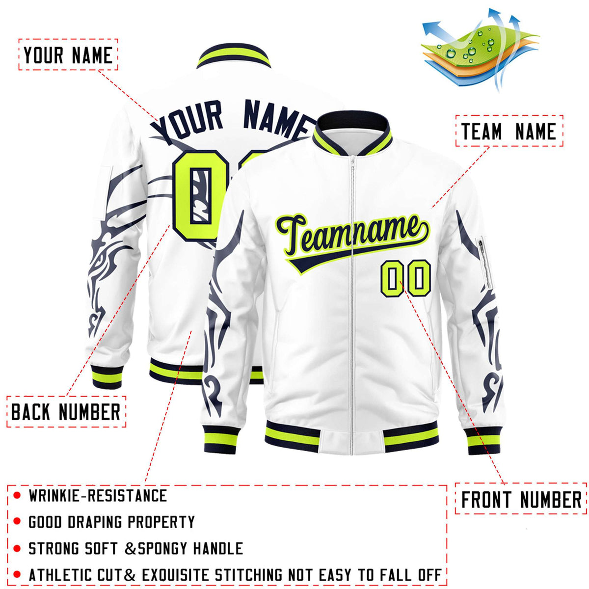 Custom White Navy Varsity Full-Zip Dragon Head Graffiti Pattern Letterman Bomber Jacket