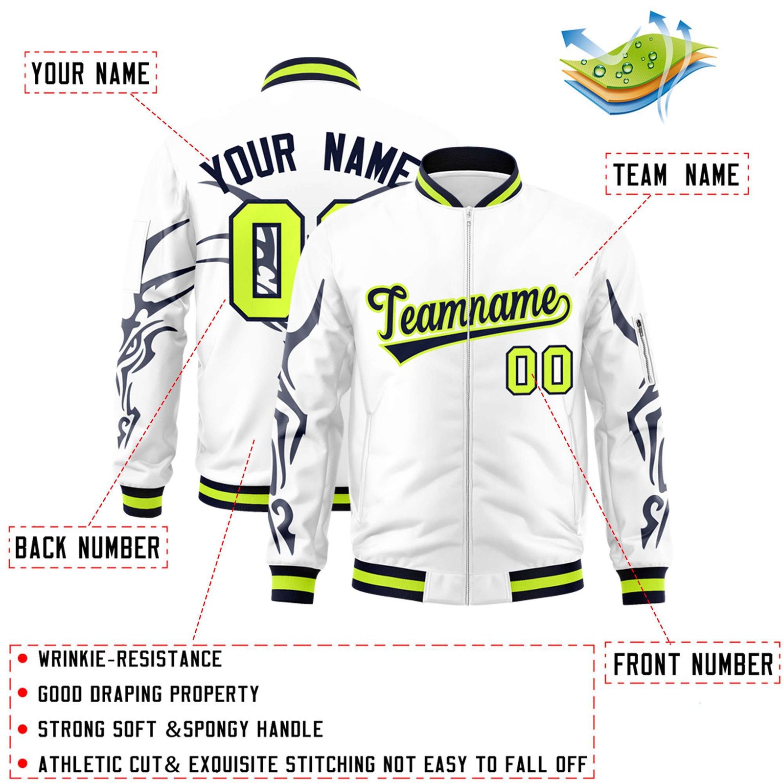 Custom White Navy Varsity Full-Zip Dragon Head Graffiti Pattern Letterman Bomber Jacket