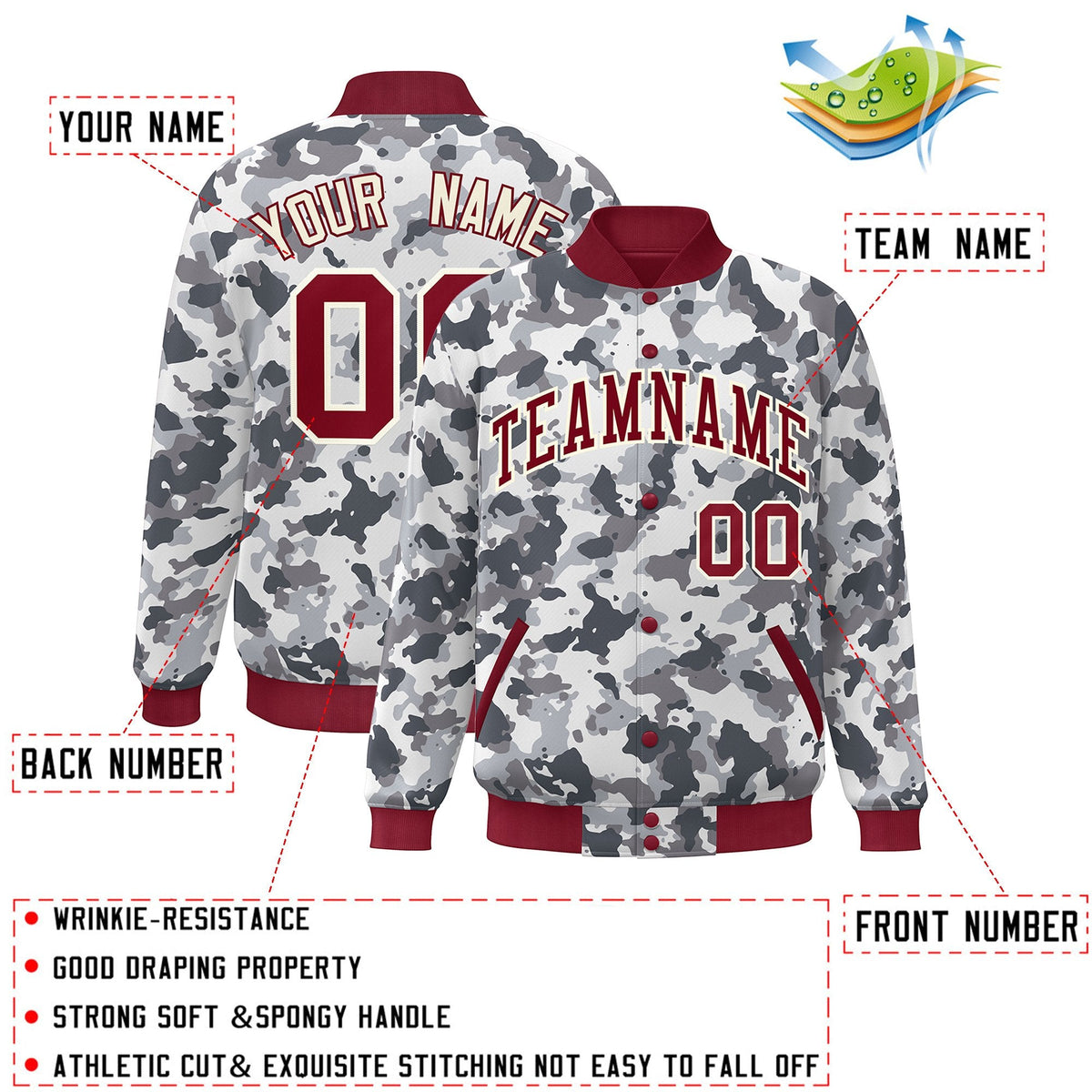 Custom Crimson White Camo Varsity Full-Snap Letterman Bomber Jacket