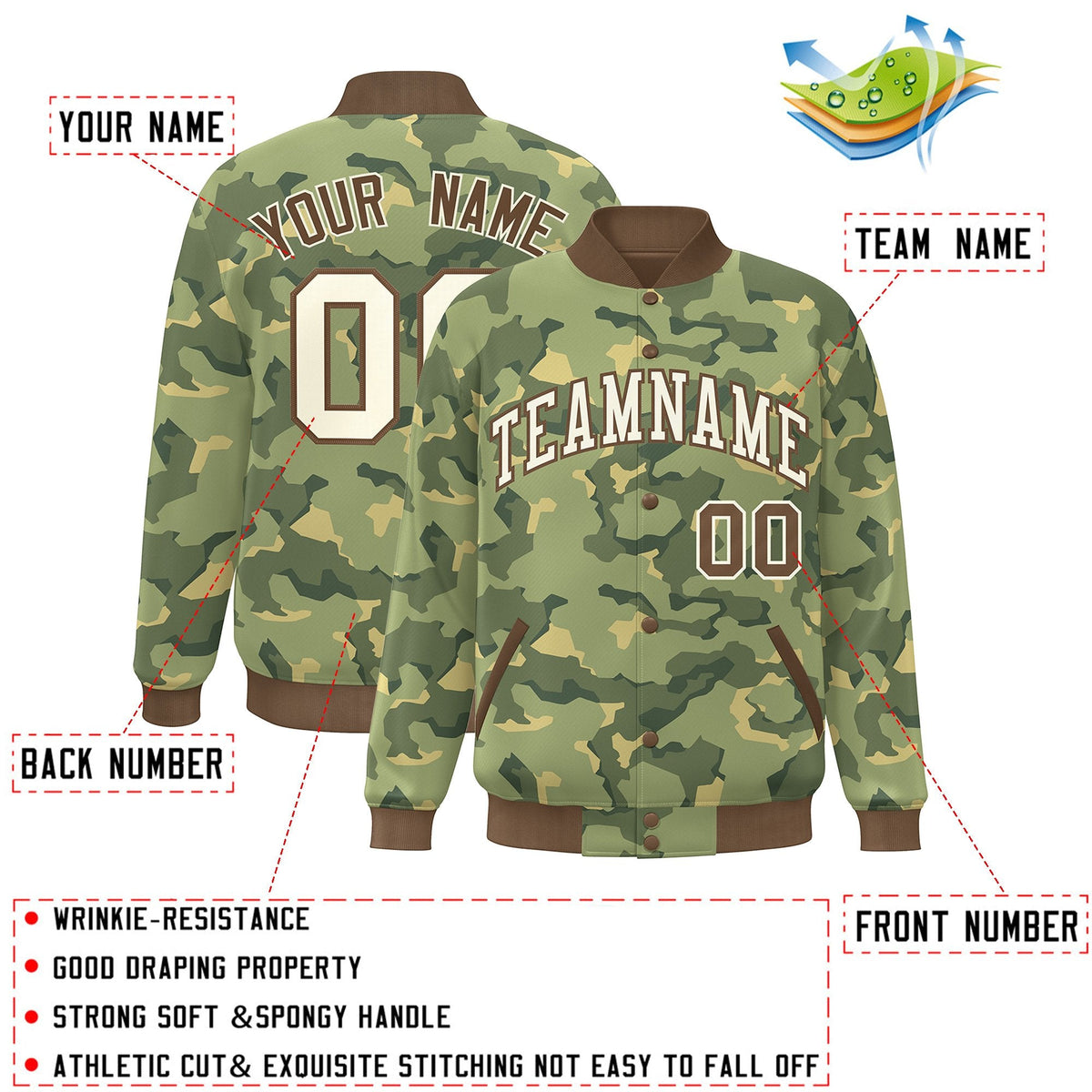Custom Brown White Camo Varsity Full-Snap Letterman Bomber Jacket