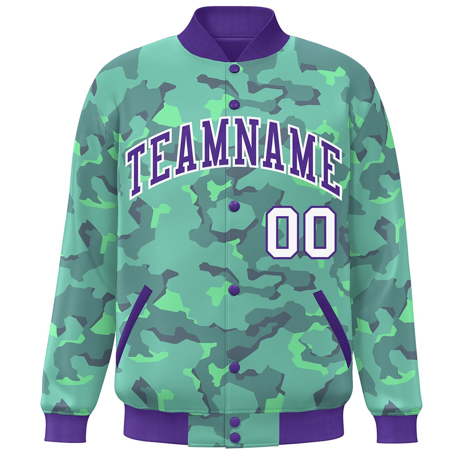 Custom Purple White Camo Varsity Full-Snap Letterman Bomber Jacket