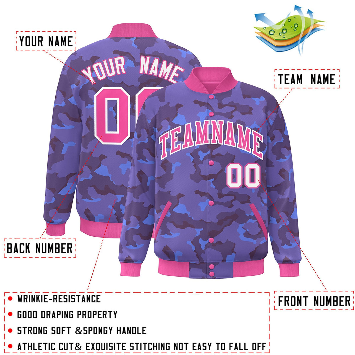 Custom Pink White Camo Varsity Full-Snap Letterman Bomber Jacket