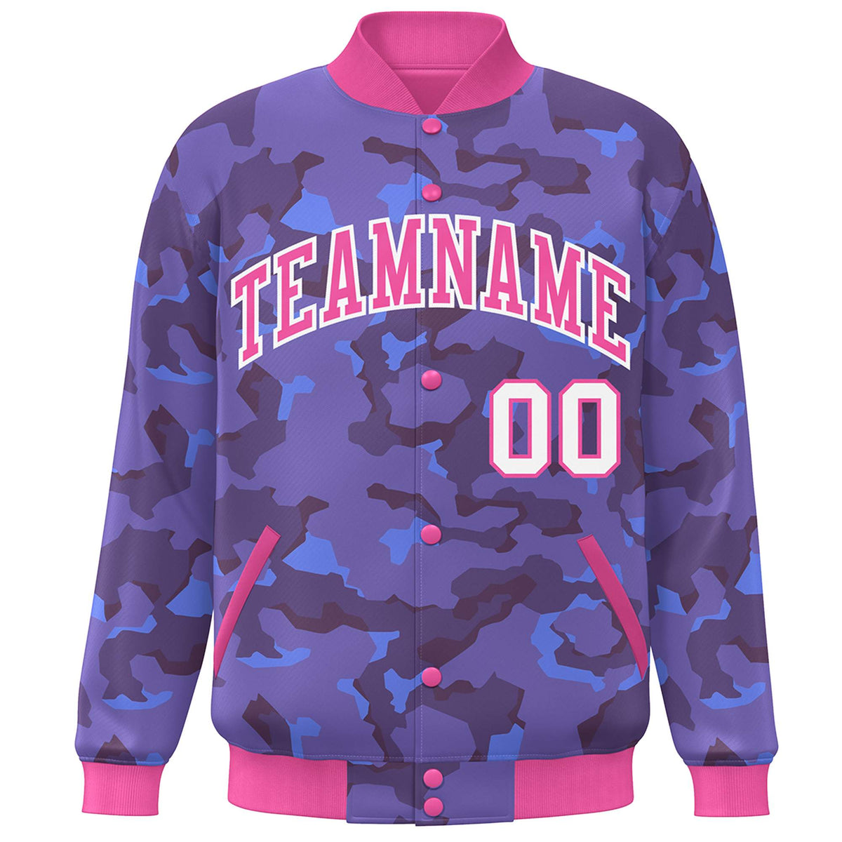 Custom Pink White Camo Varsity Full-Snap Letterman Bomber Jacket