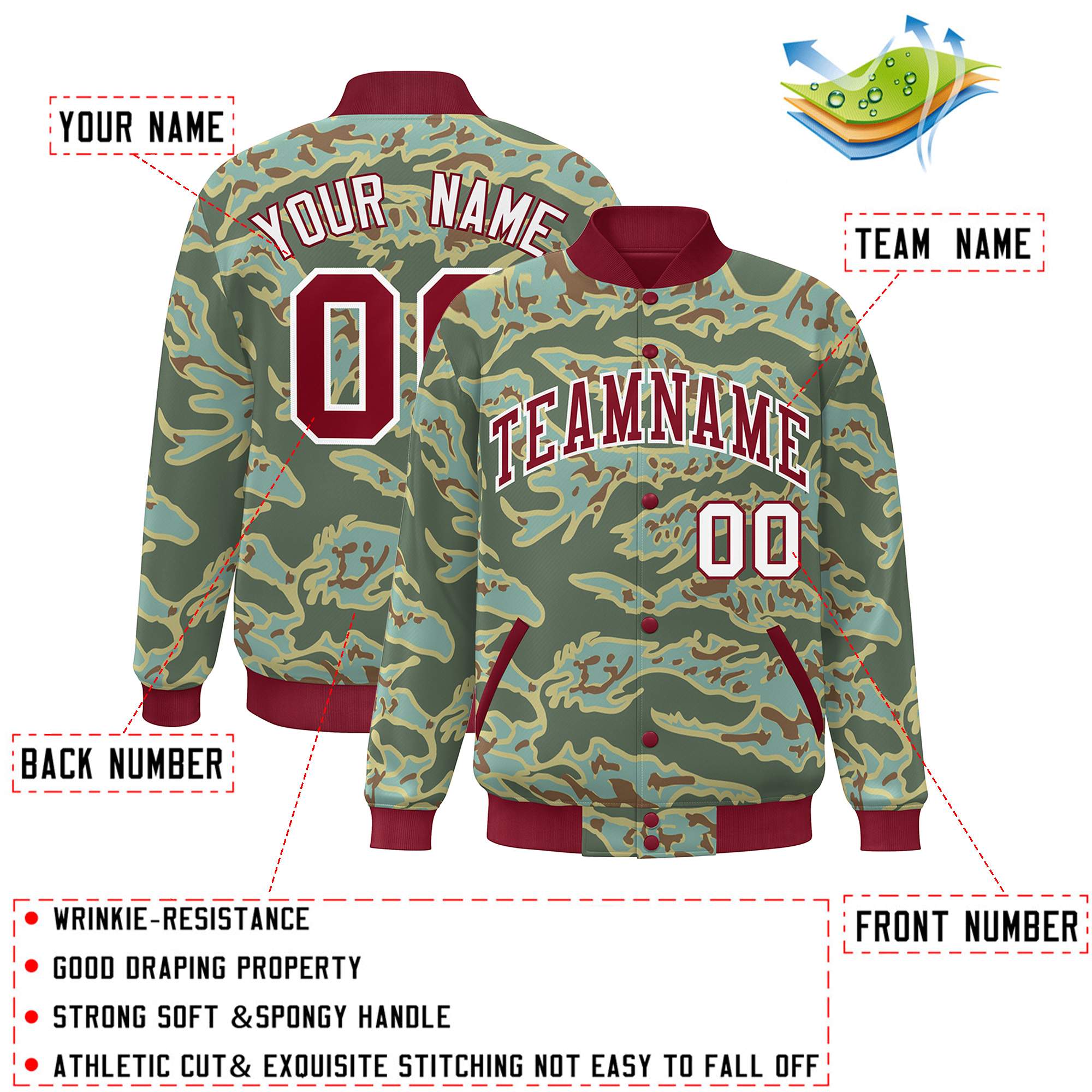 Custom Crimson White Camo Varsity Full-Snap Letterman Bomber Jacket
