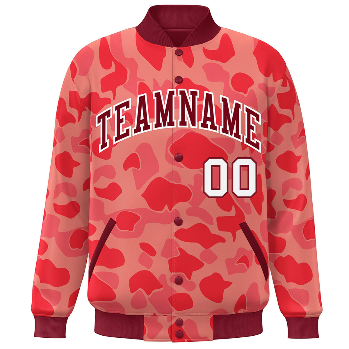 Custom Crimson White Camo Varsity Full-Snap Letterman Bomber Jacket