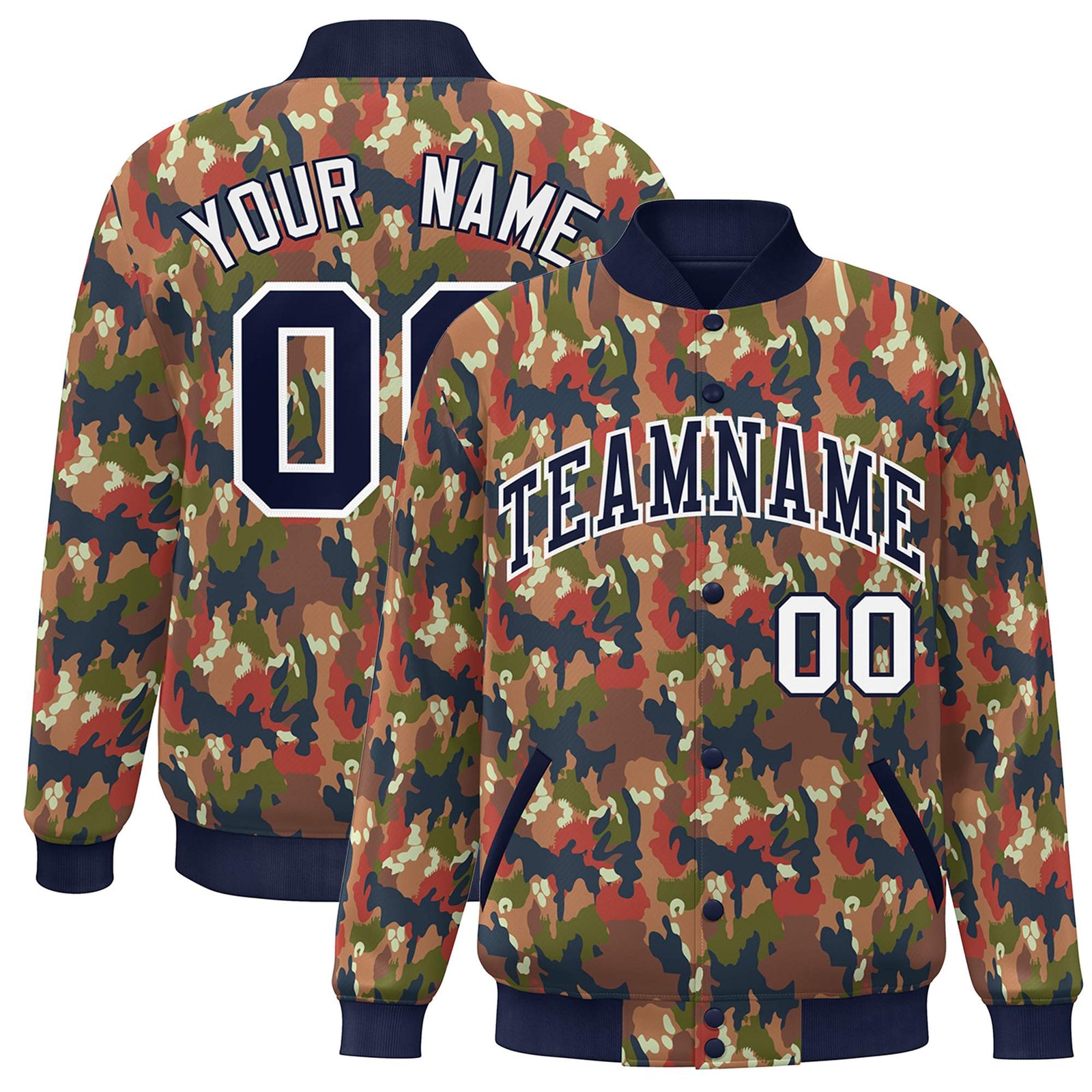 Custom Navy White Camo Varsity Full-Snap Letterman Bomber Jacket