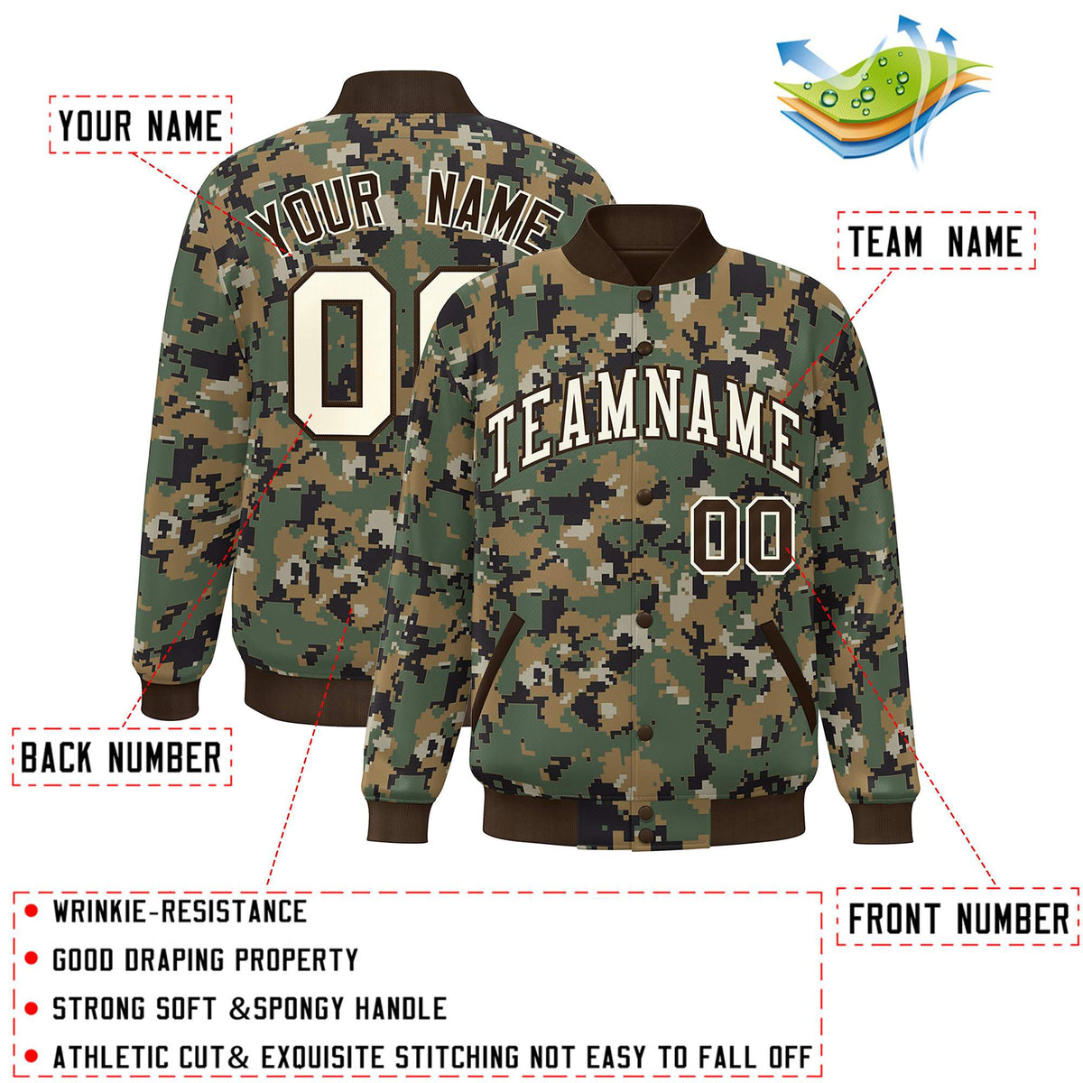 Custom Brown Cream Camo Varsity Full-Snap Letterman Bomber Jacket