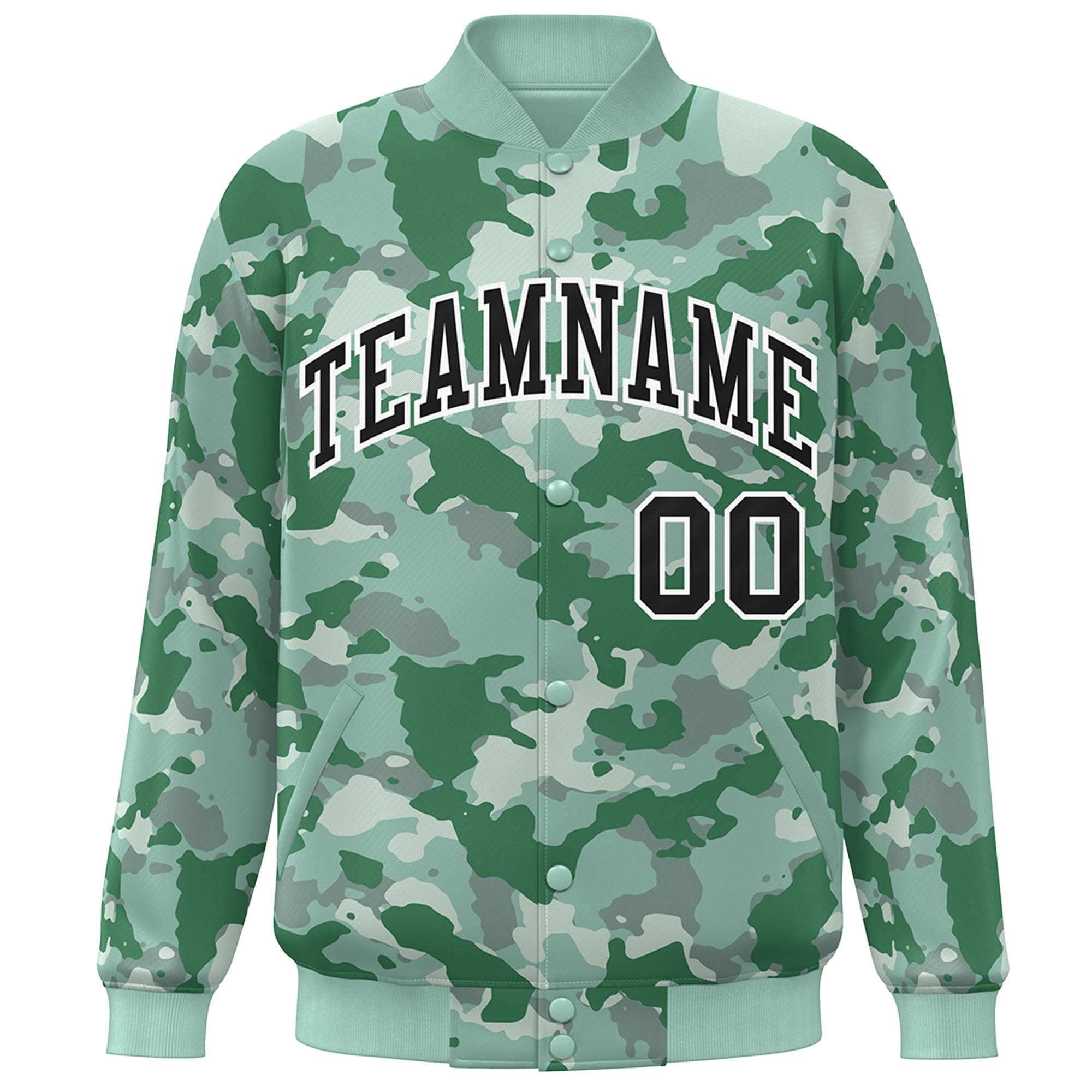 Custom Green Black-White Camo Varsity Full-Snap Letterman Bomber Jacket