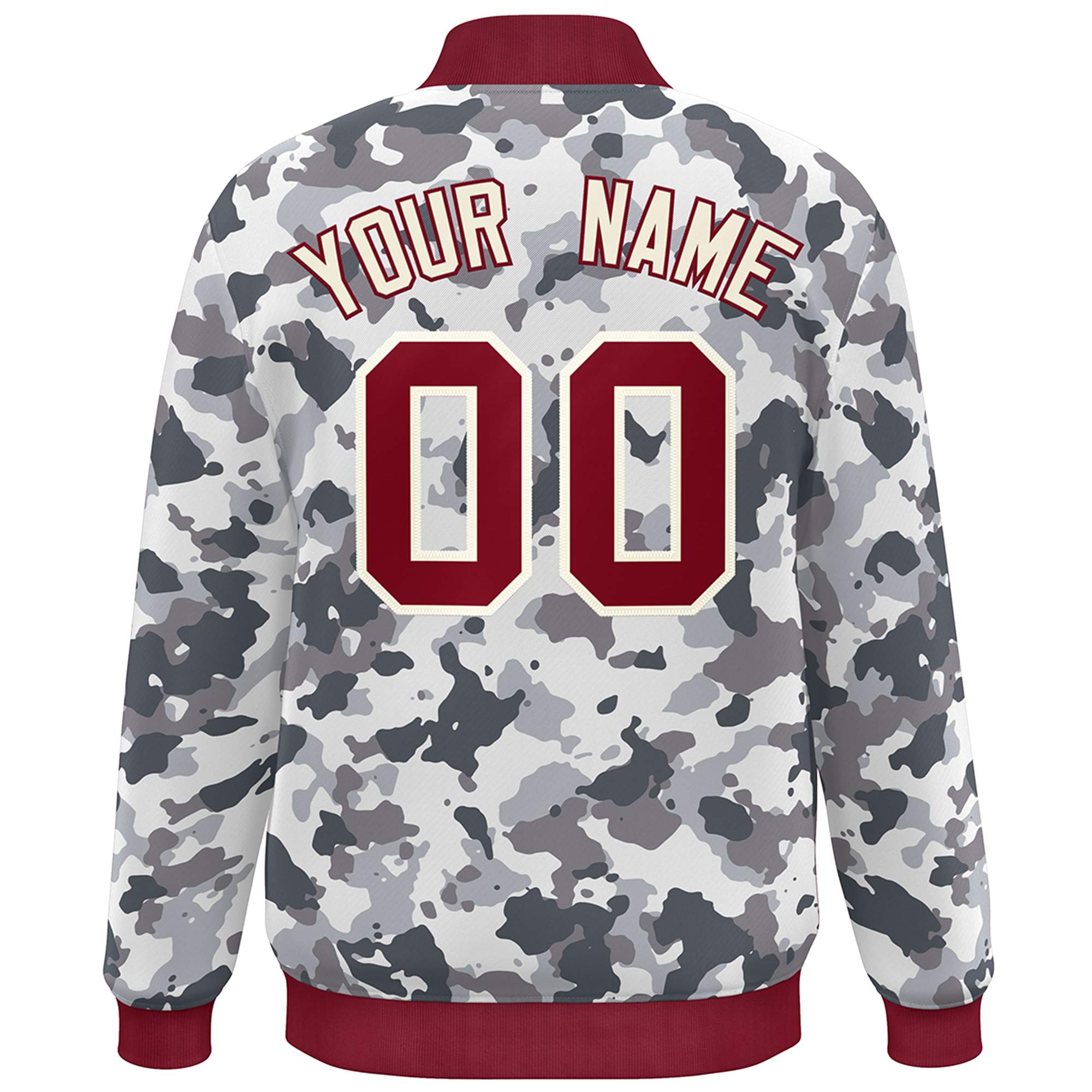 Custom Crimson White Camo Varsity Full-Snap Letterman Bomber Jacket