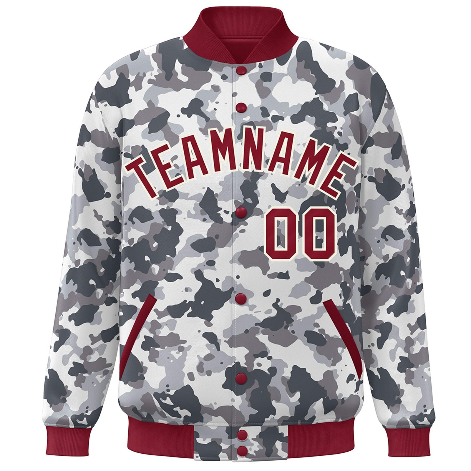 Custom Crimson White Camo Varsity Full-Snap Letterman Bomber Jacket