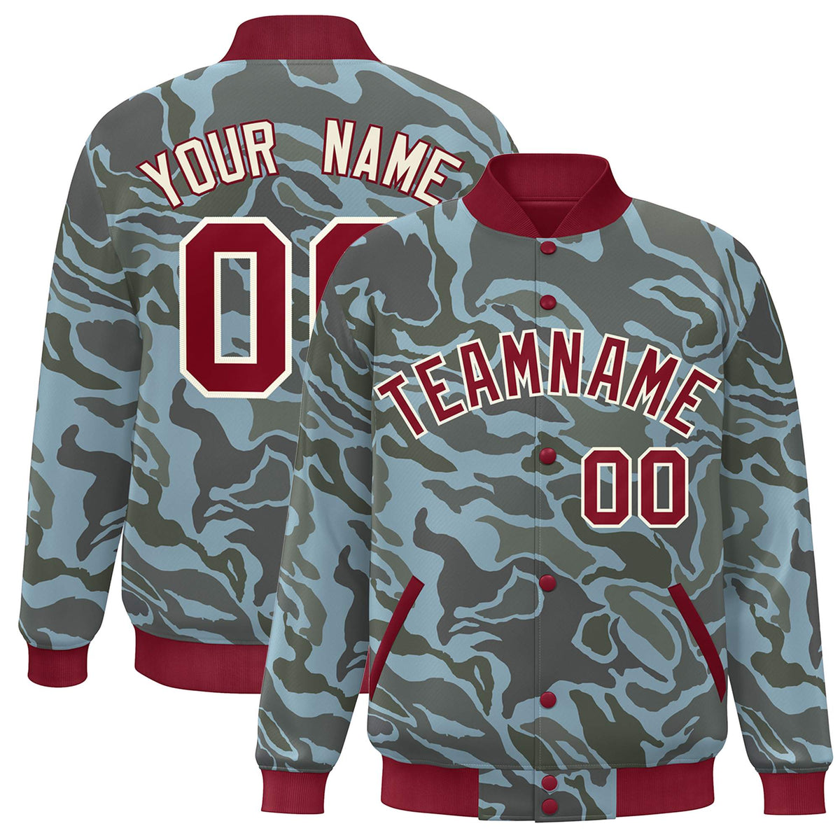 Custom Crimson White Camo Varsity Full-Snap Letterman Bomber Jacket